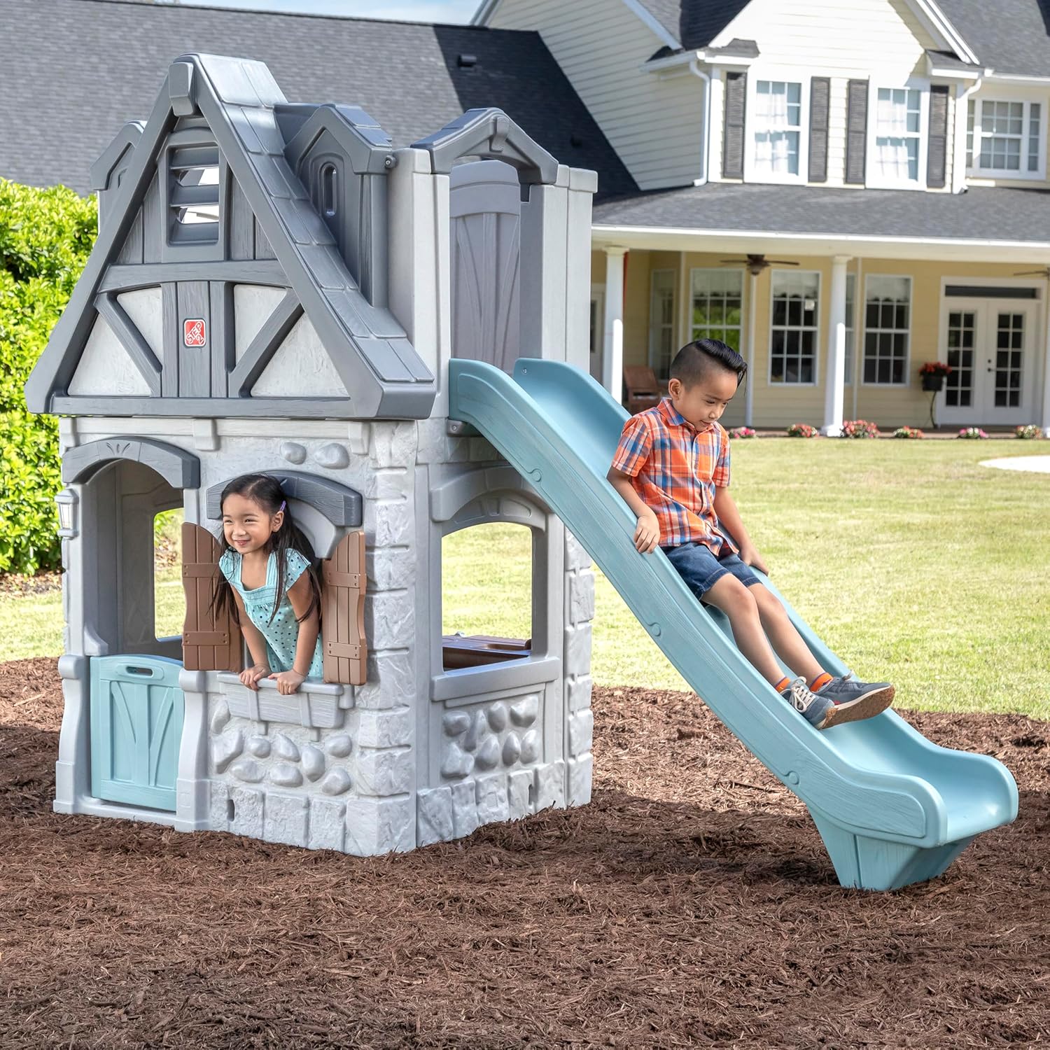 Step2 Enchanting Adventures 2-Story Kids Playhouse, Outdoor Playhouse with Kitchenette & Slide, Rock Climbing Wall, Made of Durable Plastice, For Toddlers 4-8 Years Old