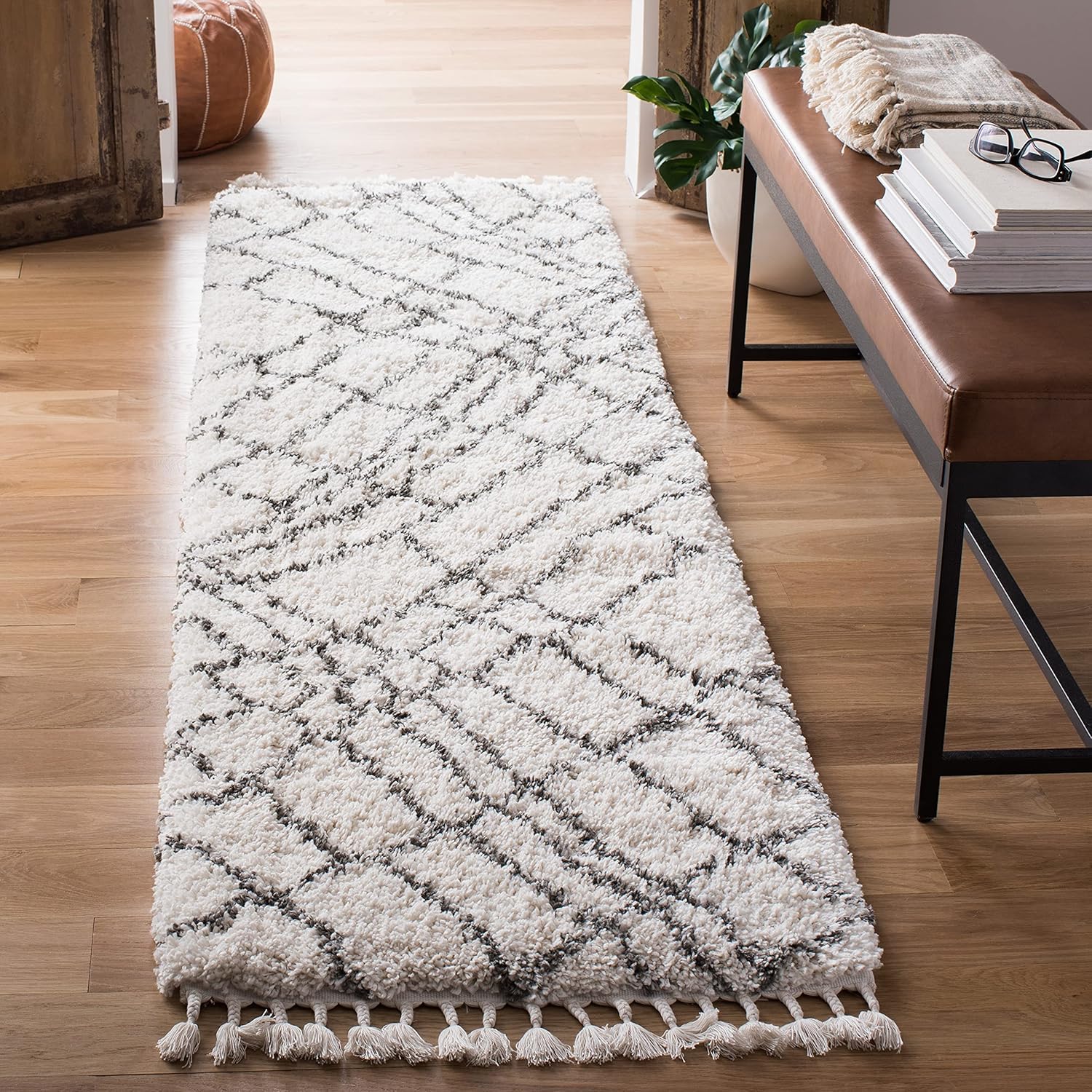 SAFAVIEH Moroccan Fringe Shag Collection Runner Rug - 2'2" x 8', Ivory & Grey, Boho Tribal Design, Non-Shedding & Easy Care, 2-inch Thick Ideal for High Traffic Areas in Living Room, Bedroom (MFG316A)