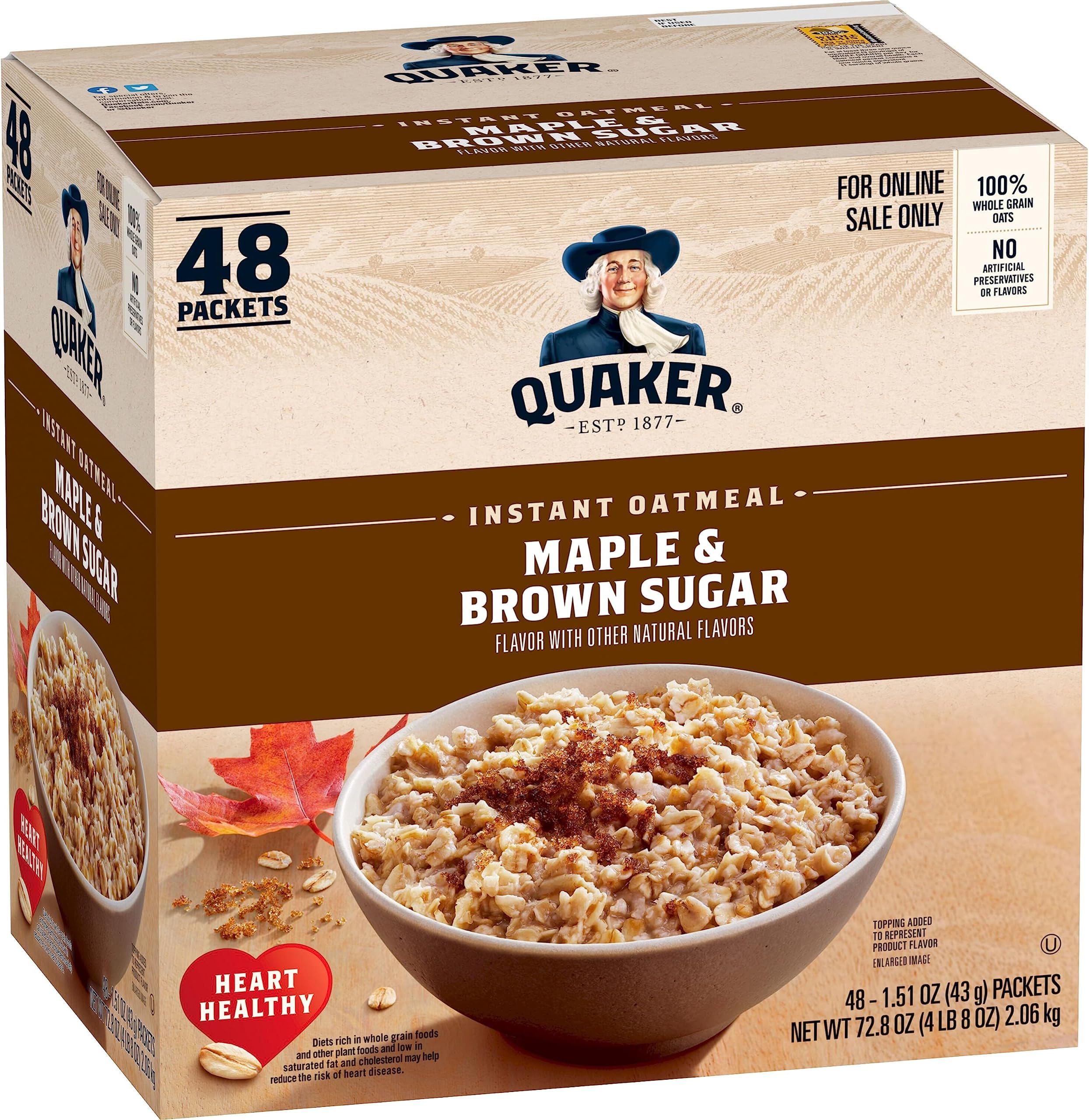 Quaker Instant Oatmeal, Maple & Brown Sugar, Individual Packets, 48 Count