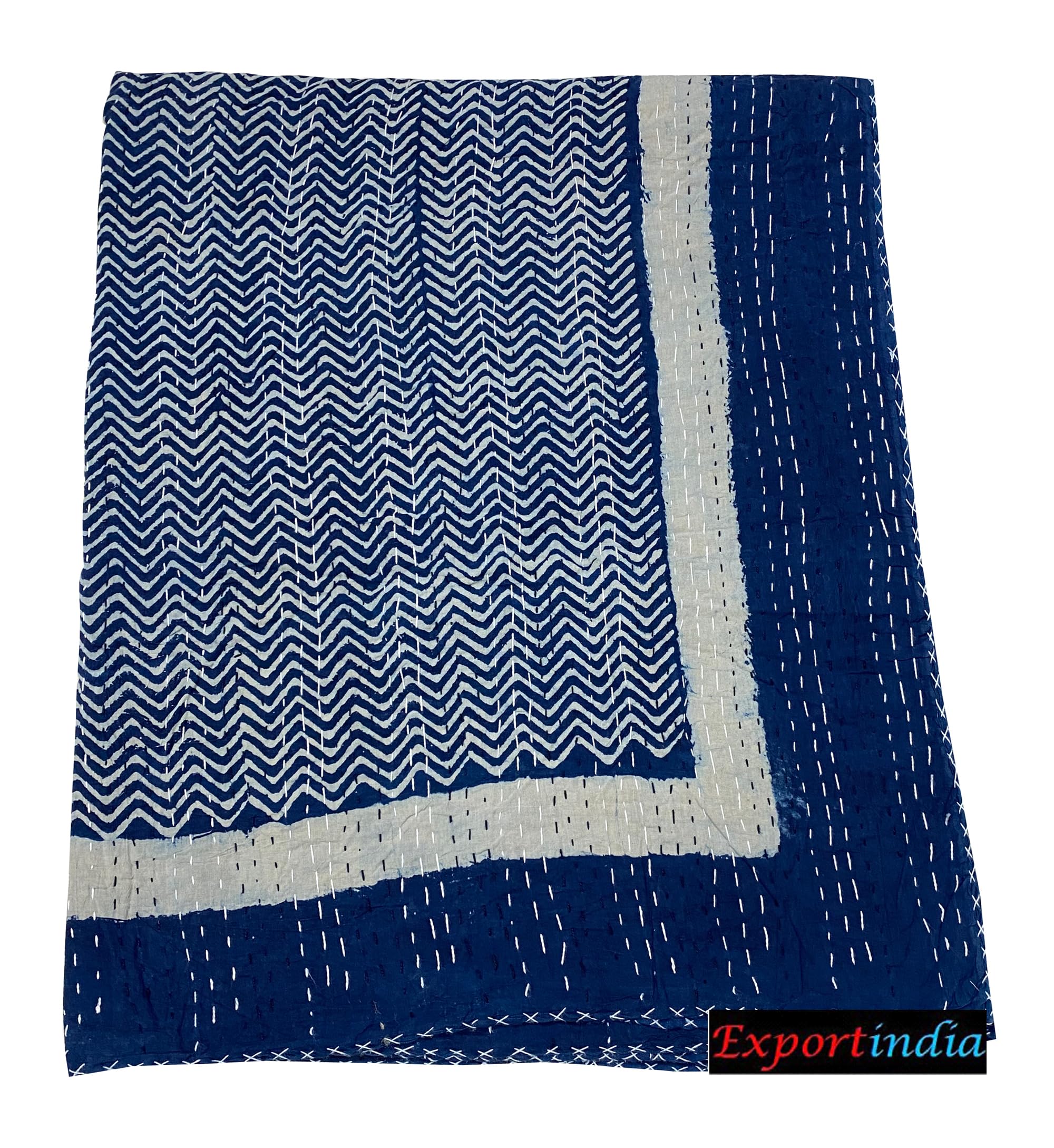 Exportindia Indian Indigo Blue Kantha Hand Block Print 100% Cotton Quilt Rare Indigo (King/Queen Size 90x108 Inch)