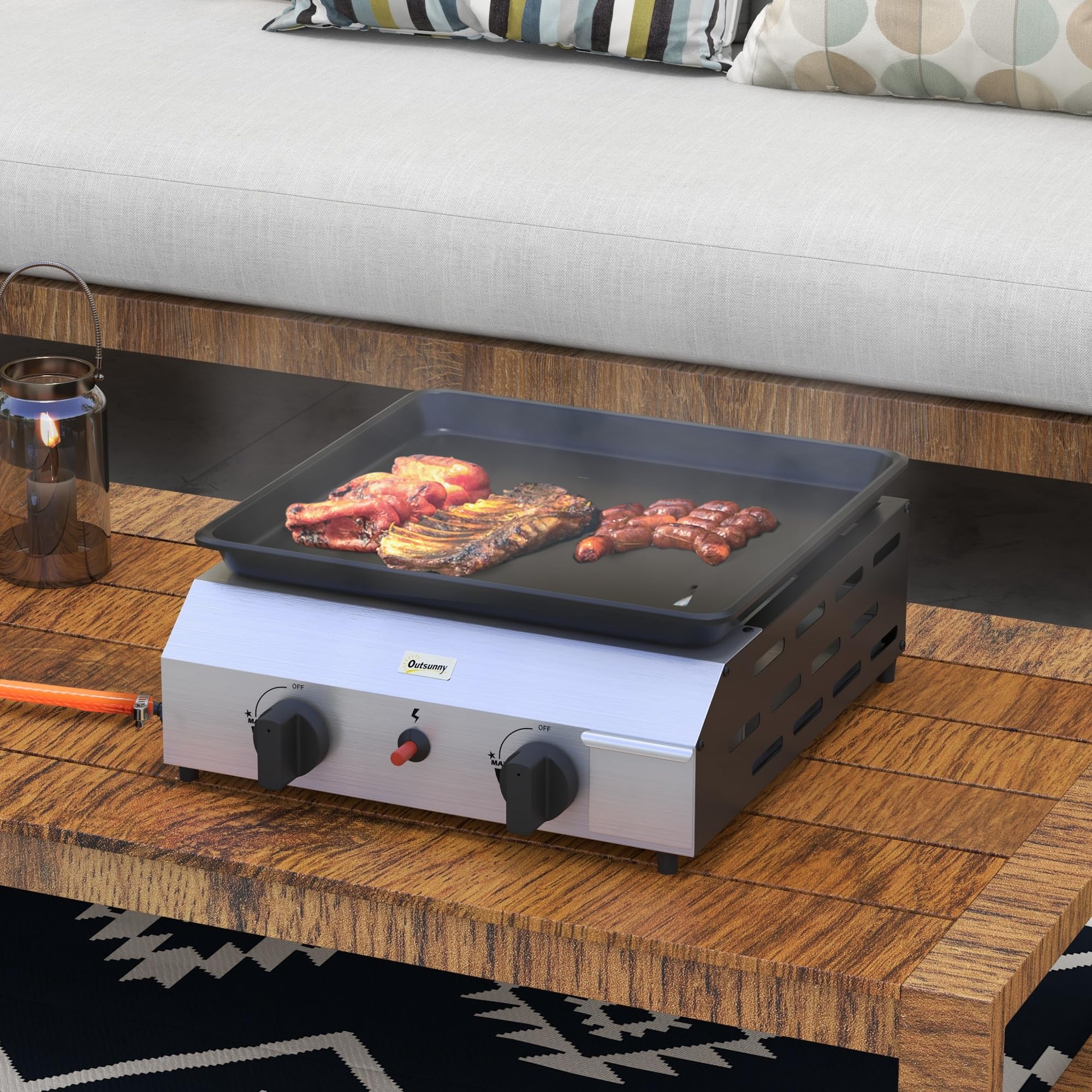 Outsunny Barbecue a Gas in Acciaio, Piastra a Gas Smaltato a 2 Bruciatori da 2.4kW, Griglia Barbecue Portatile con Piedini Regolabili e Vassoio Raccogli Grasso, Regolatore, Tubo, Argento