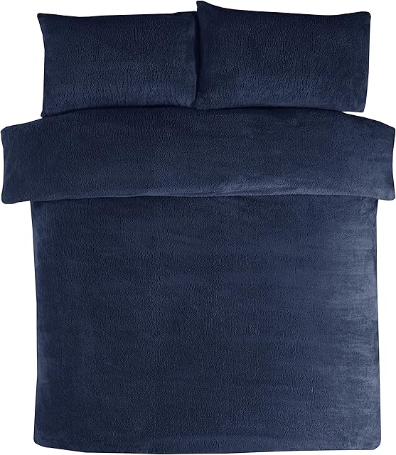 Sleepdown Teddy Fleece Navy Thermal Warm Cosy Super Soft Duvet Cover Quilt Bedding Set with Pillowcases - Double (200cm x 200cm)