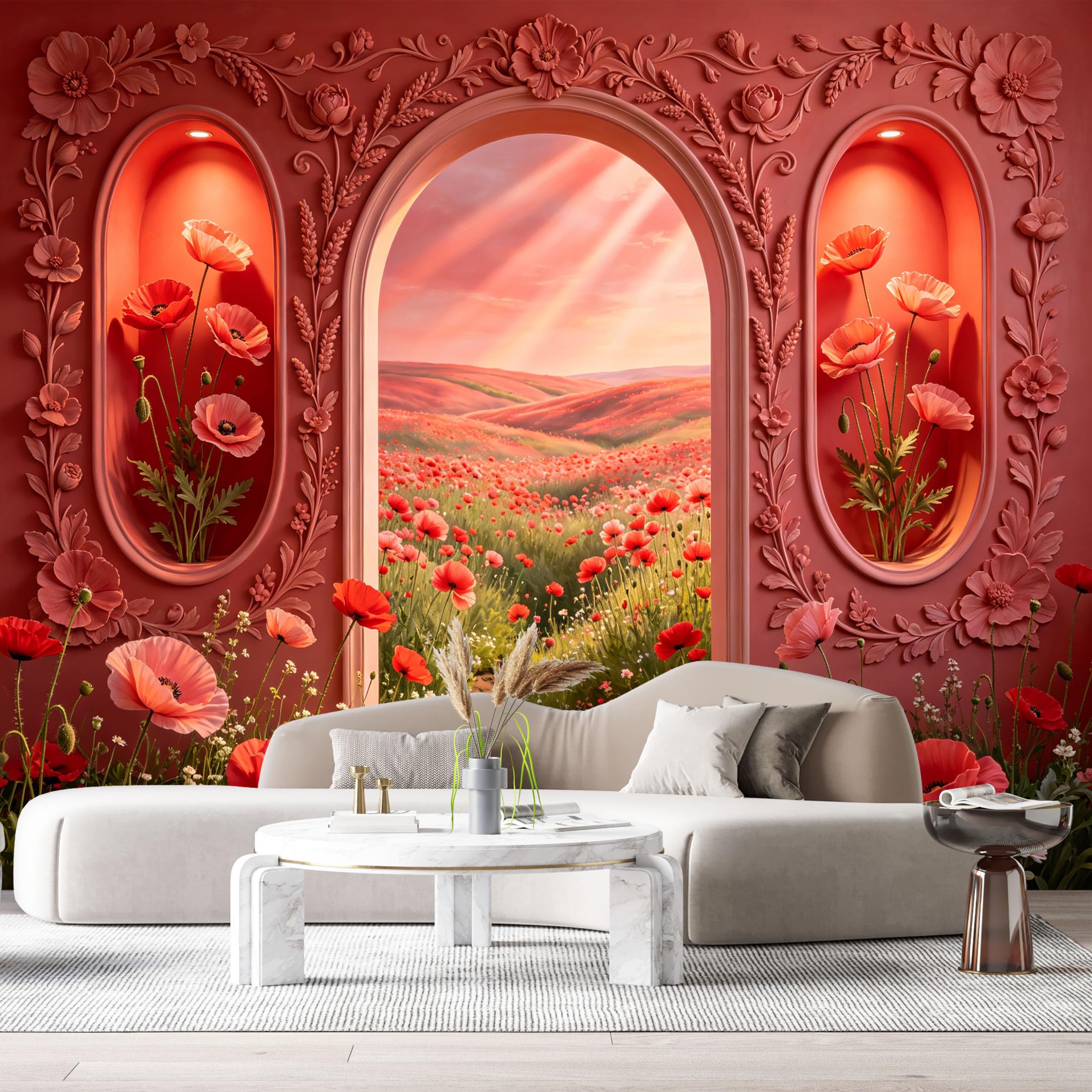 Custom Size Wall Murals Surreal Dreamlike Poppy Field Portal Rose Coral 3D Trompe L'Oeil SelfAdhesiveWall Fabric Removable Wallpaper Wall Decor for Living Room Bedroom Bathroom