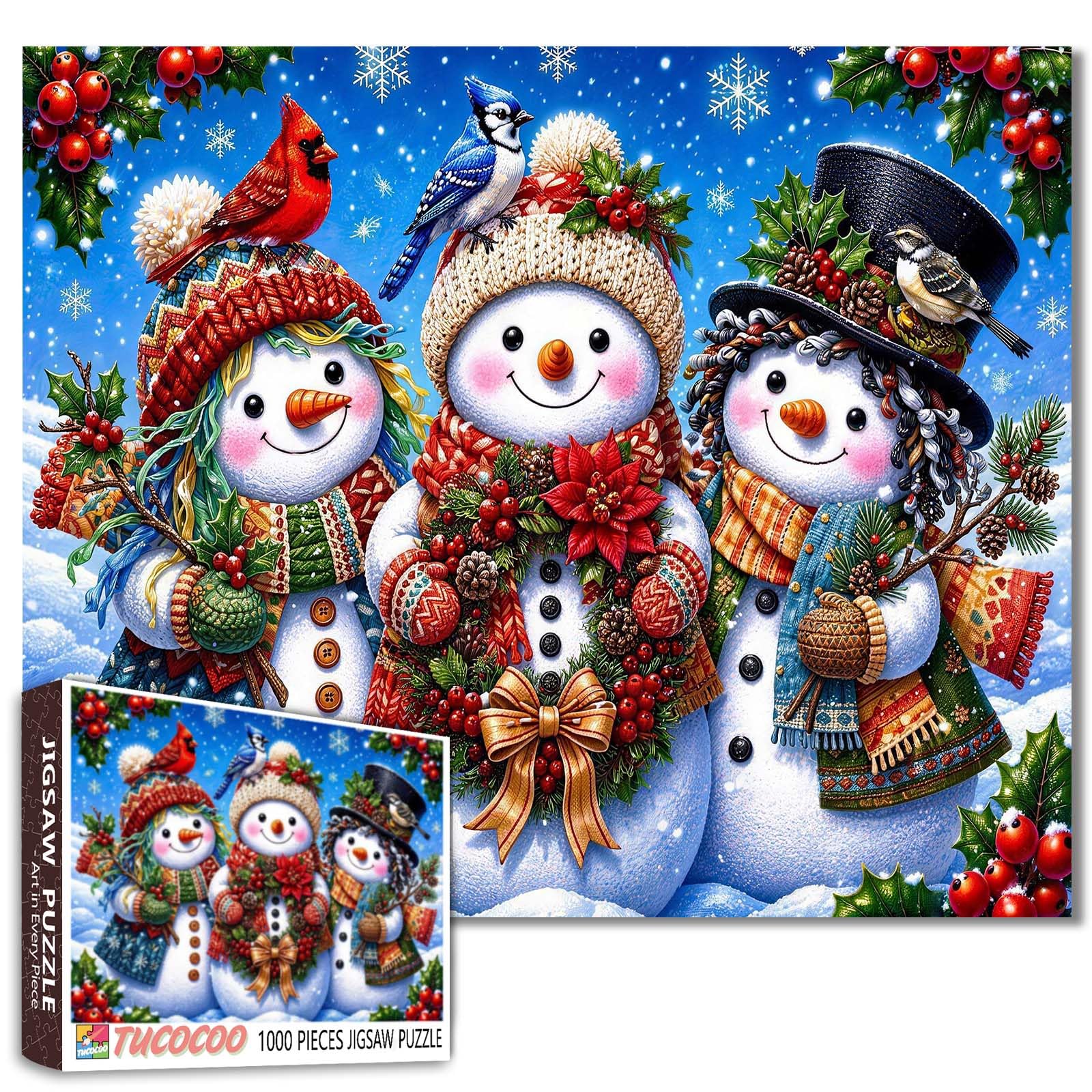 Charming Christmas Snowman Family Jigsaw Puzzles for Adults 1000 Pieces Cheerful Snowman Winter Scene DIY Puzzles for Family Activity Games Holiday Art Jigsaw Puzzles 19.7 x 27.6 Inch โ image 1