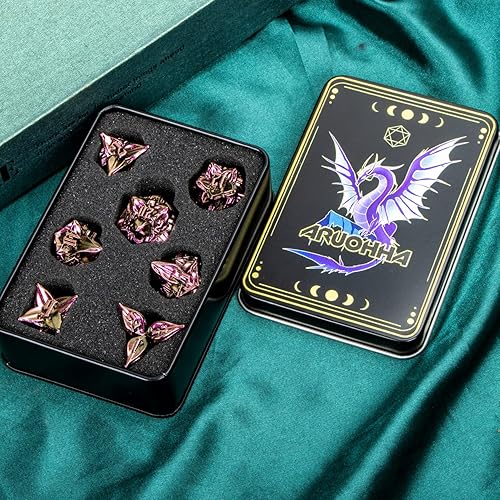Miniatura 6 de ARUOHHA DND - Juego de dados de metal con diseño de hojas, juego de 7 dados D&D con caja de regalo, dados D + D, dados poliédricos grandes para