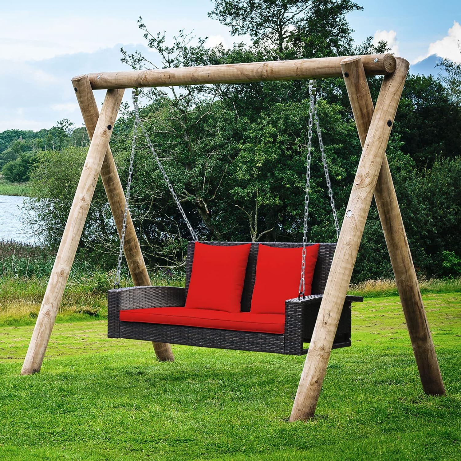 Tangkula 2-Person Wicker Porch Swing, Patiojoy Outdoor Rattan Hanging Swing Bench W/ 2 Back Cushions & 1 Seat Cushion, Sturdy Steel Chain, 800lbs Weight Capacity