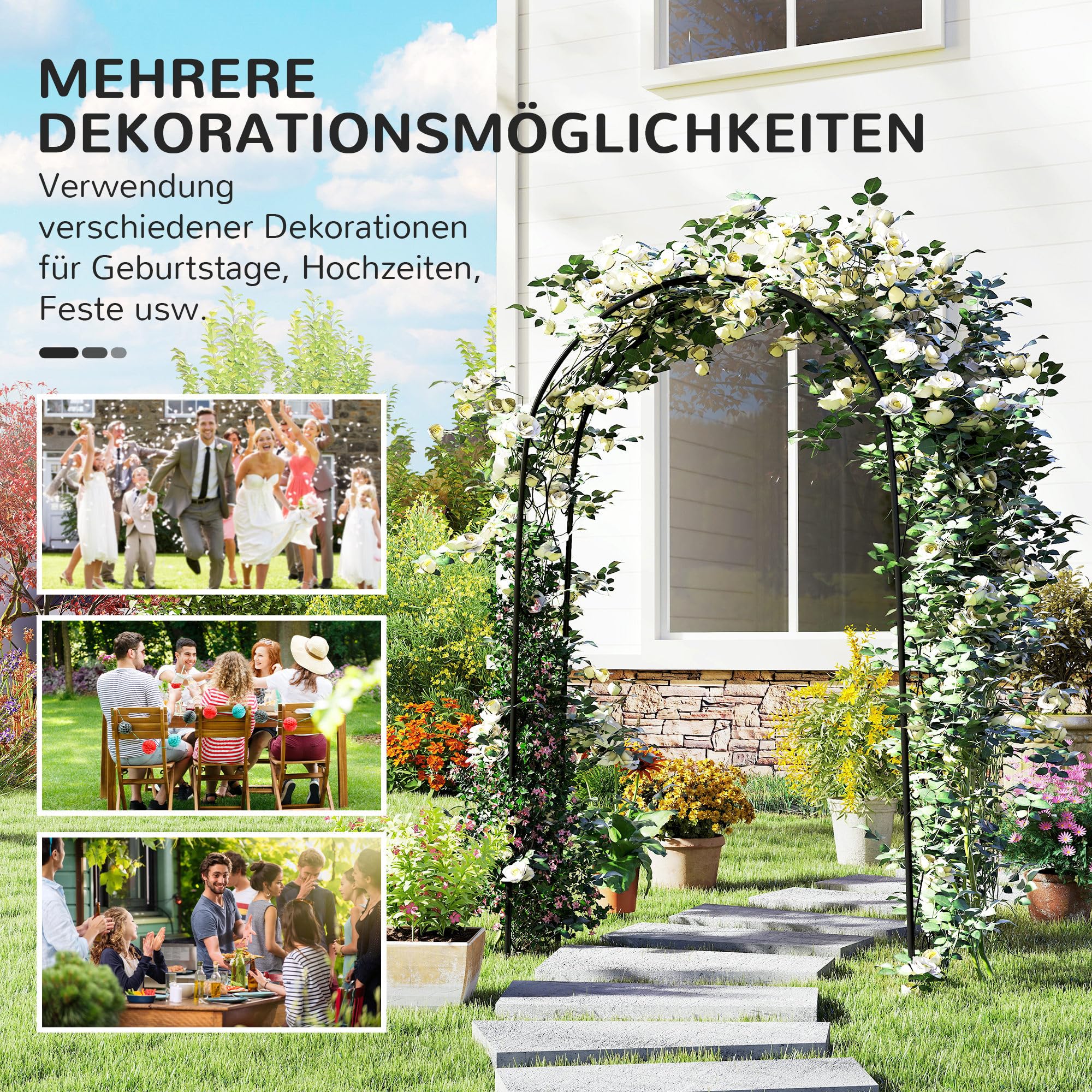 Outsunny Rosenbogen, Torbogen aus Stahl, Gartenbogen für Kletterpflanzen, 125 x 37 x 230 cm Rankhilfe, Gartendekoration, Schwarz