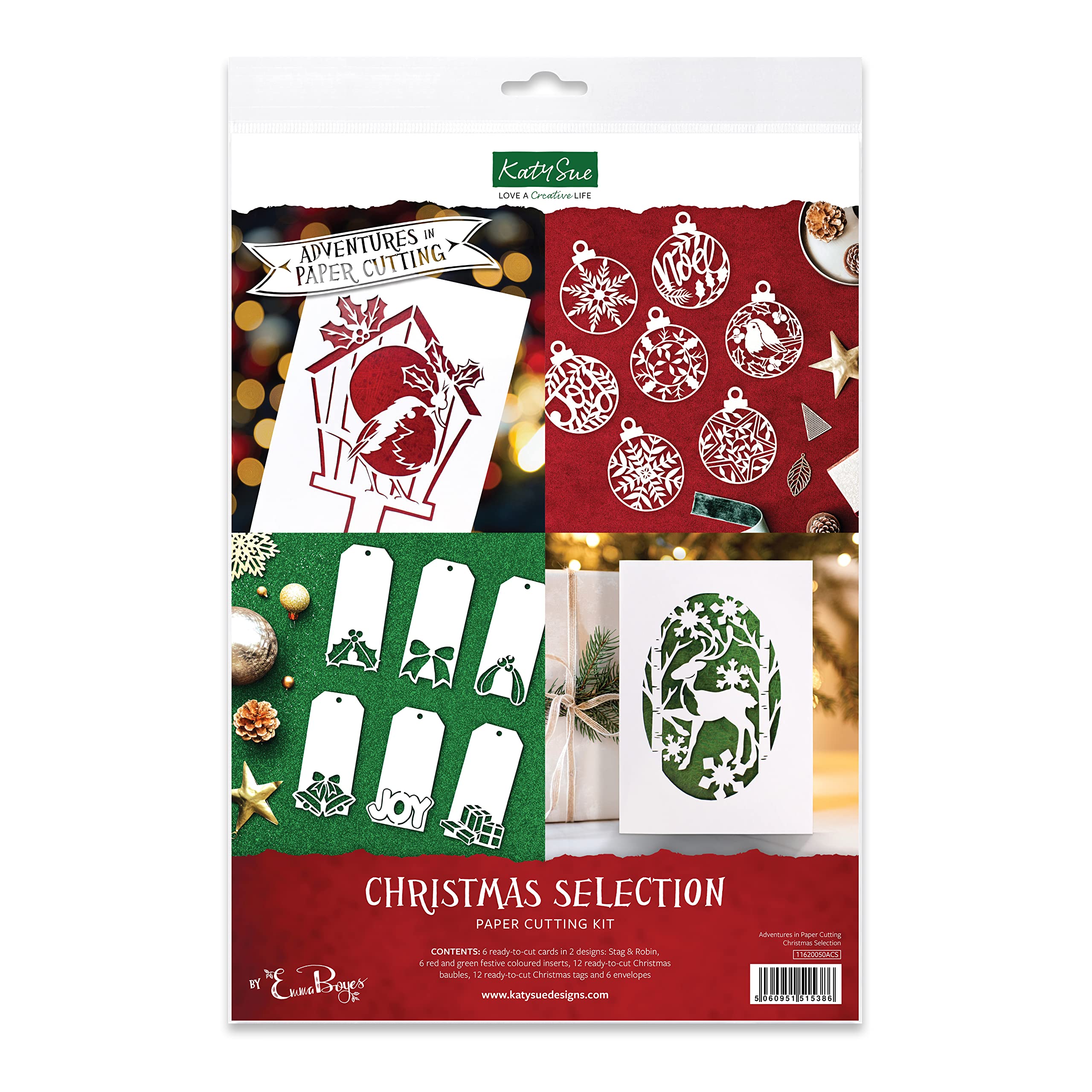 Katy Sue Adventures in Paper Cutting Christmas Selection - Makes 12 Tags, 12 Ball Ornaments & 6 Christmas Cards (Comes with Envelopes)