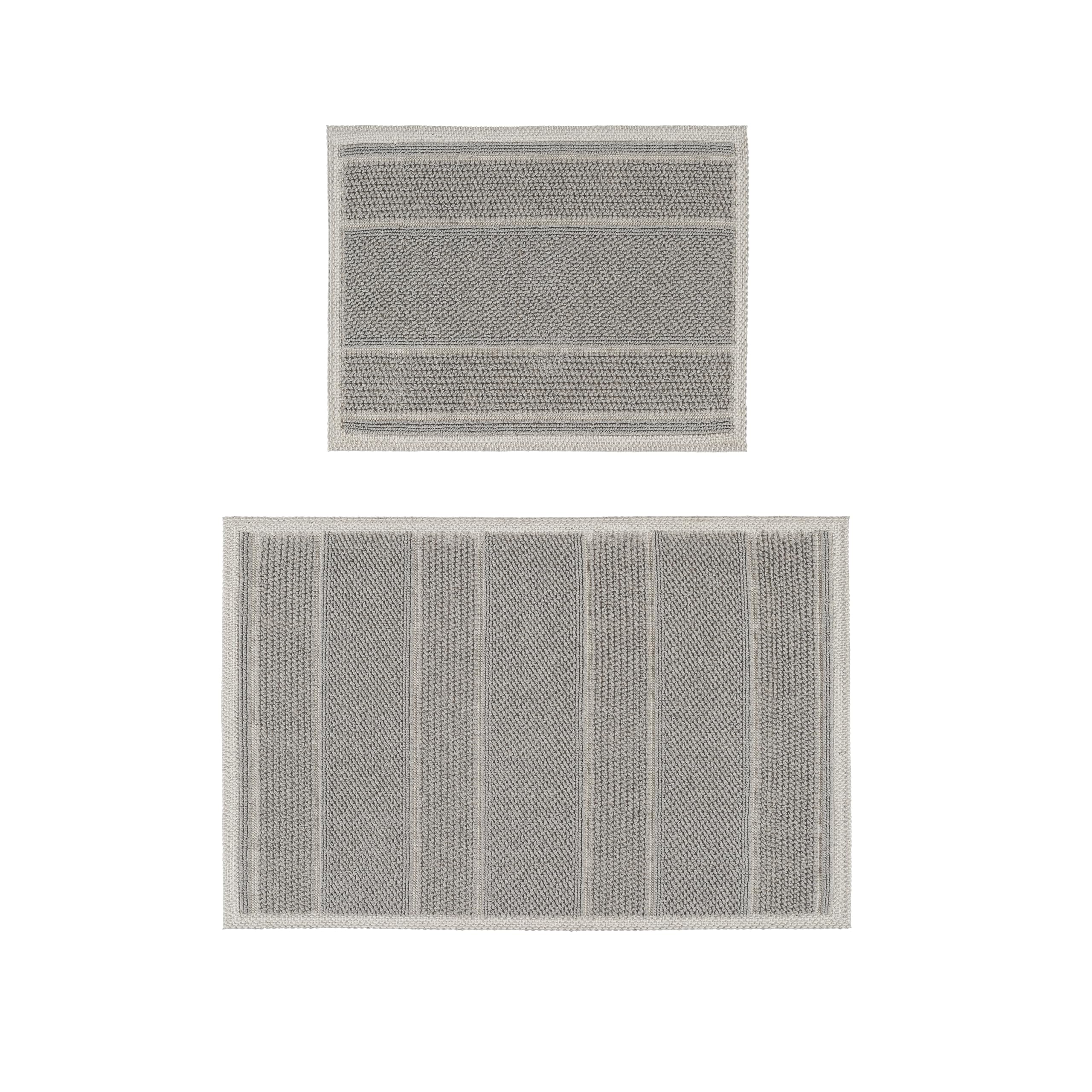 Ruglenza Bathroom Mat Set – 2 Piece Non Slip Cotton Bath Mats for Bathroom & Shower, Textured Loop Bath Rug Set, Quick Dry, Machine Washable, Easy Clean (Ecru/Grey-BK12, 50 x 120 CM)