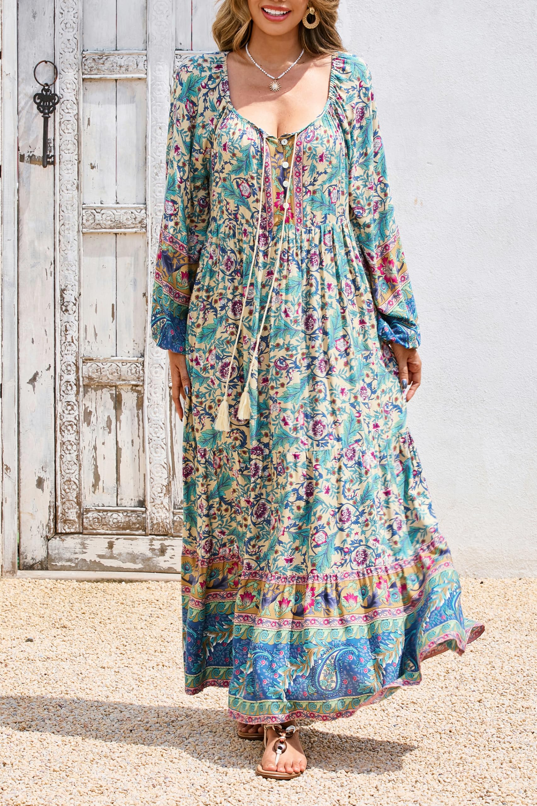 R.Vivimos Donna Quadrato Collo Floreale Maxi Abito Manica Lunga Sciolto Ruffle Vestito Vacanza Spiaggia