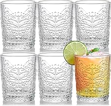 Okllen 6 Pack Clear Romantic Drinking Glasses, 10 Oz/300ml Water Glasses Tumblers Embossed, Vintage Glassware Set for Juice, Whisky, Beverages, Beer, Cocktail