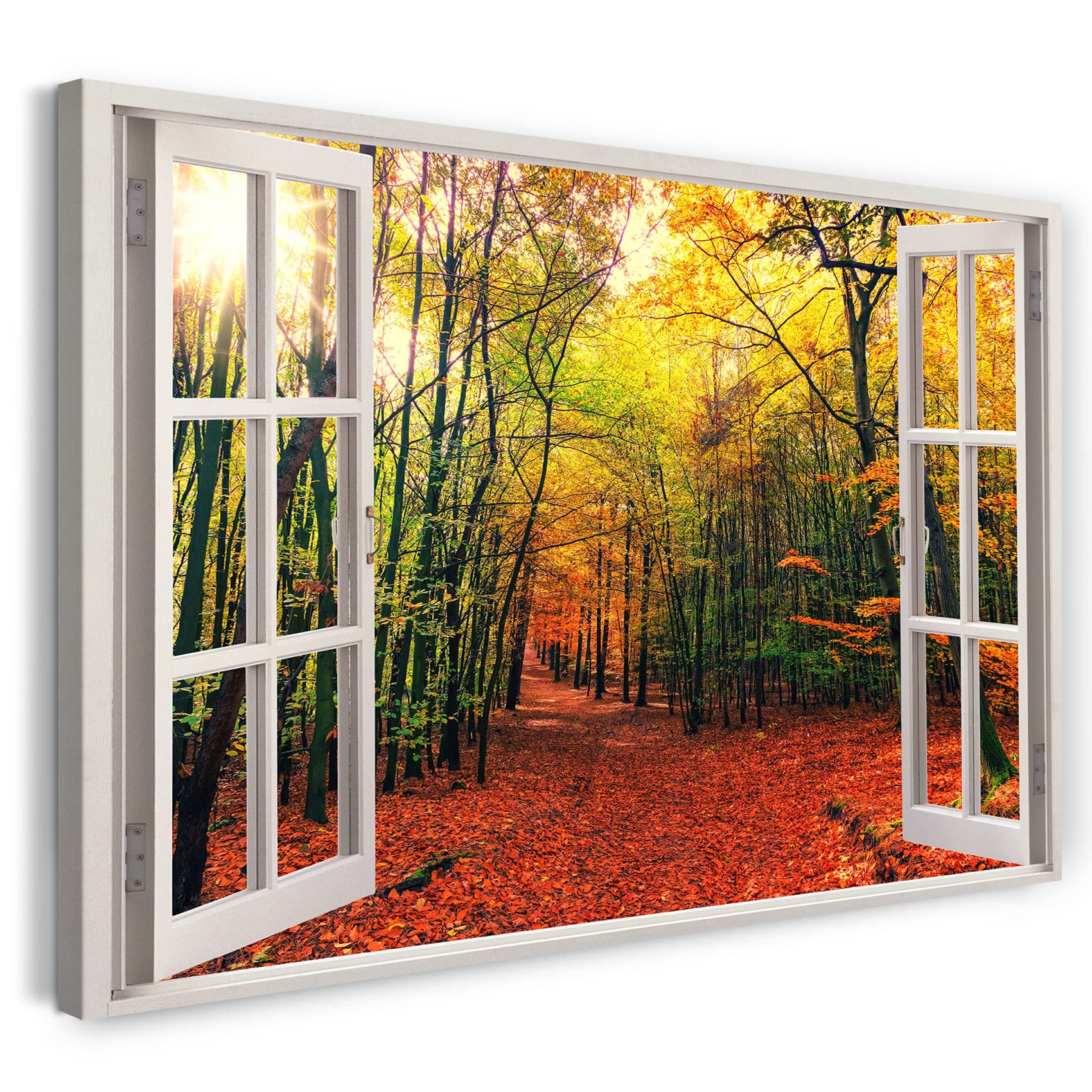 Print on Canvas (120x80 cm) View from the window - Colorful Forest Autumn Sun Nature Path - Nature photography, real wood frame with hook