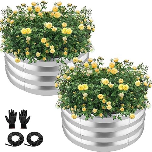 ZXZYHFTY Kit de cama de jardín elevada galvanizada redonda, caja de maceta elevada plateada para jardín, macetas elevadas redondas de metal grandes