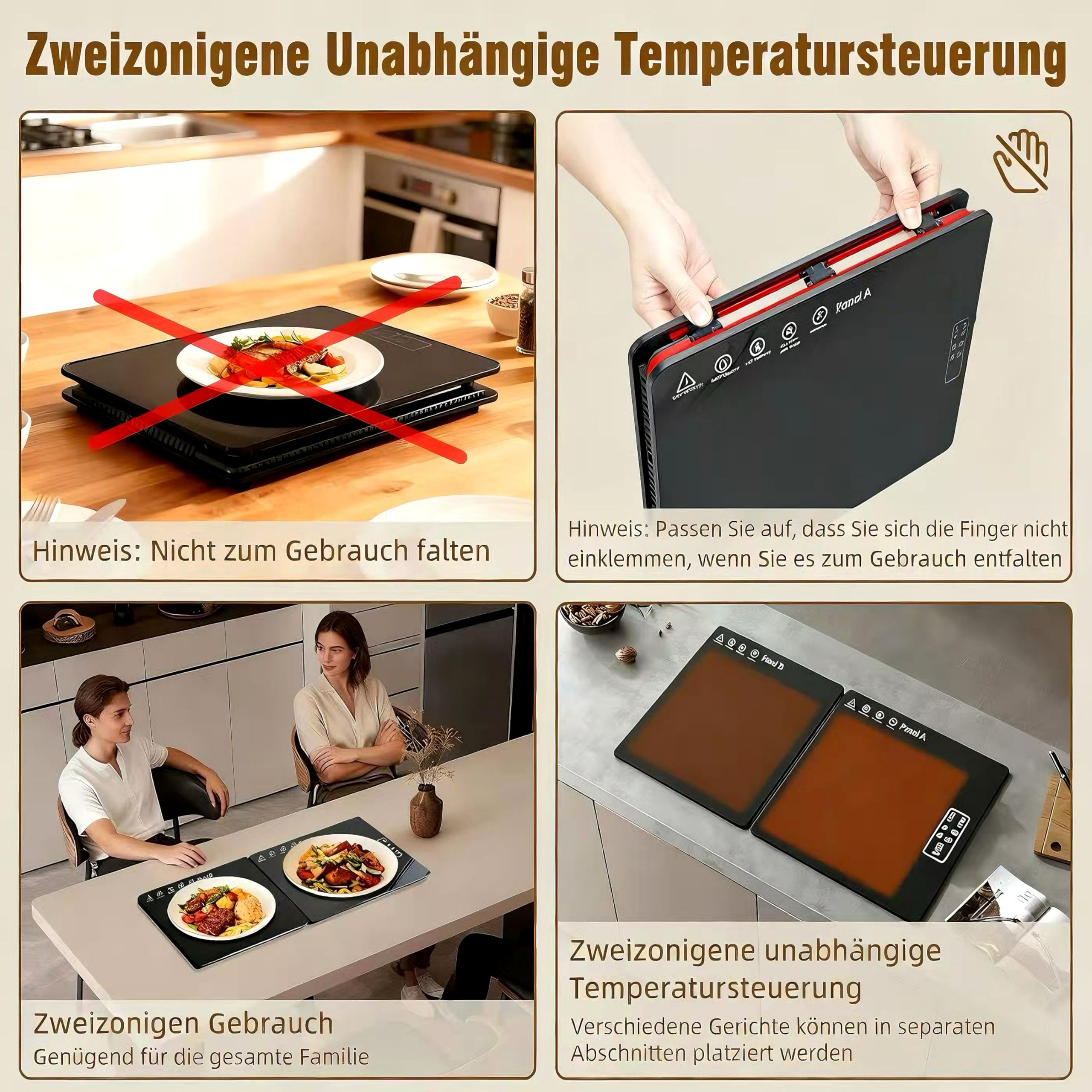 Elektrische Warmhalteplatte 80×30 cm, Speisenwärmer Elektrisch für Speisen mit Temperaturregler und Timer, Doppelzonen-Heizung, Faltbar zum Warmhalten und Auftauen