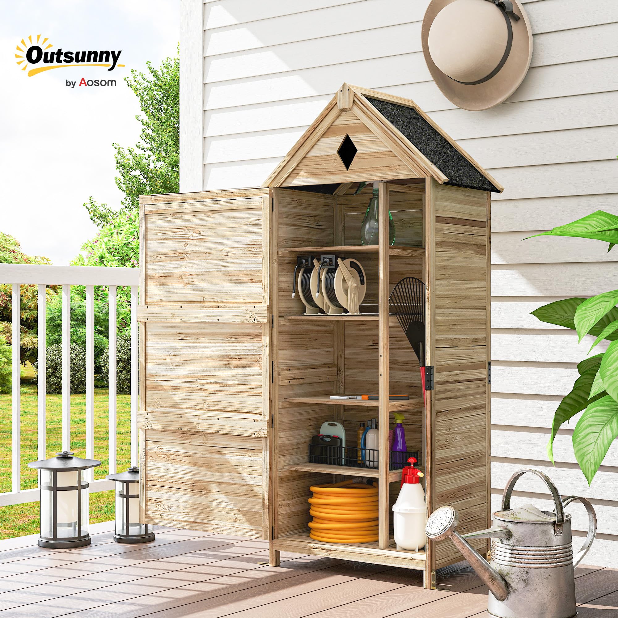 Outsunny Gartenschrank Holz, wasserdicht Geräteschuppen 80 x 49 x 170 cm, wetterfest Gerätehaus mit Tür, Satteldach, Ablagen, Geräteschrank, Werkzeugschrank Gartenschuppen für Garten, Rasen, Naturholz