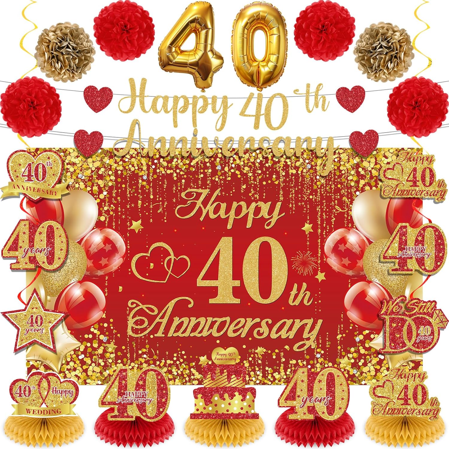 Red Gold 40th Wedding Anniversary Decorations Banner, 40th Anniversary Table Centerpieces Hanging Swirls Tissue Pompoms Foil Balloon for 40 Years Wedding Party Decoration Supplies