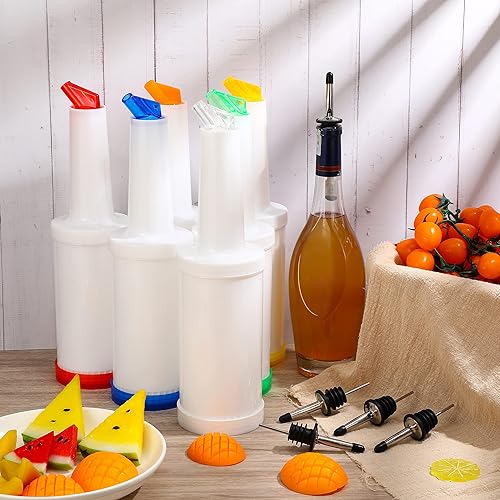 Miniatura 7 de Chengu Botellas de jugo de frutas de 34 onzas, suministros de barra de licor de plástico con vertedor de botellas de acero inoxidable, boquilla