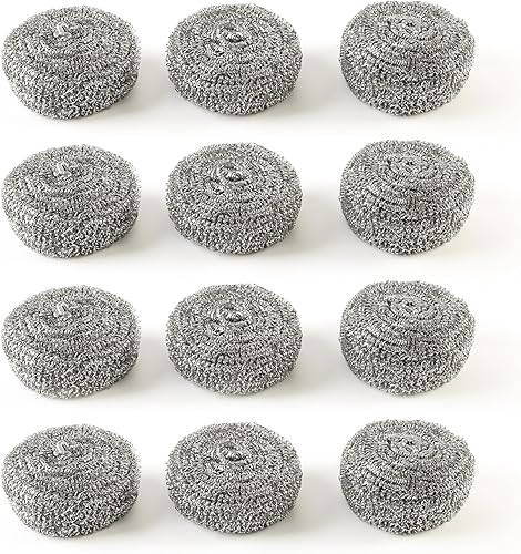 1.06 oz, paquete de 12 unidades de esponja de acero inoxidable para limpiar platos, ollas, parrilla, planchas, rascador de ollas de hierro fundido