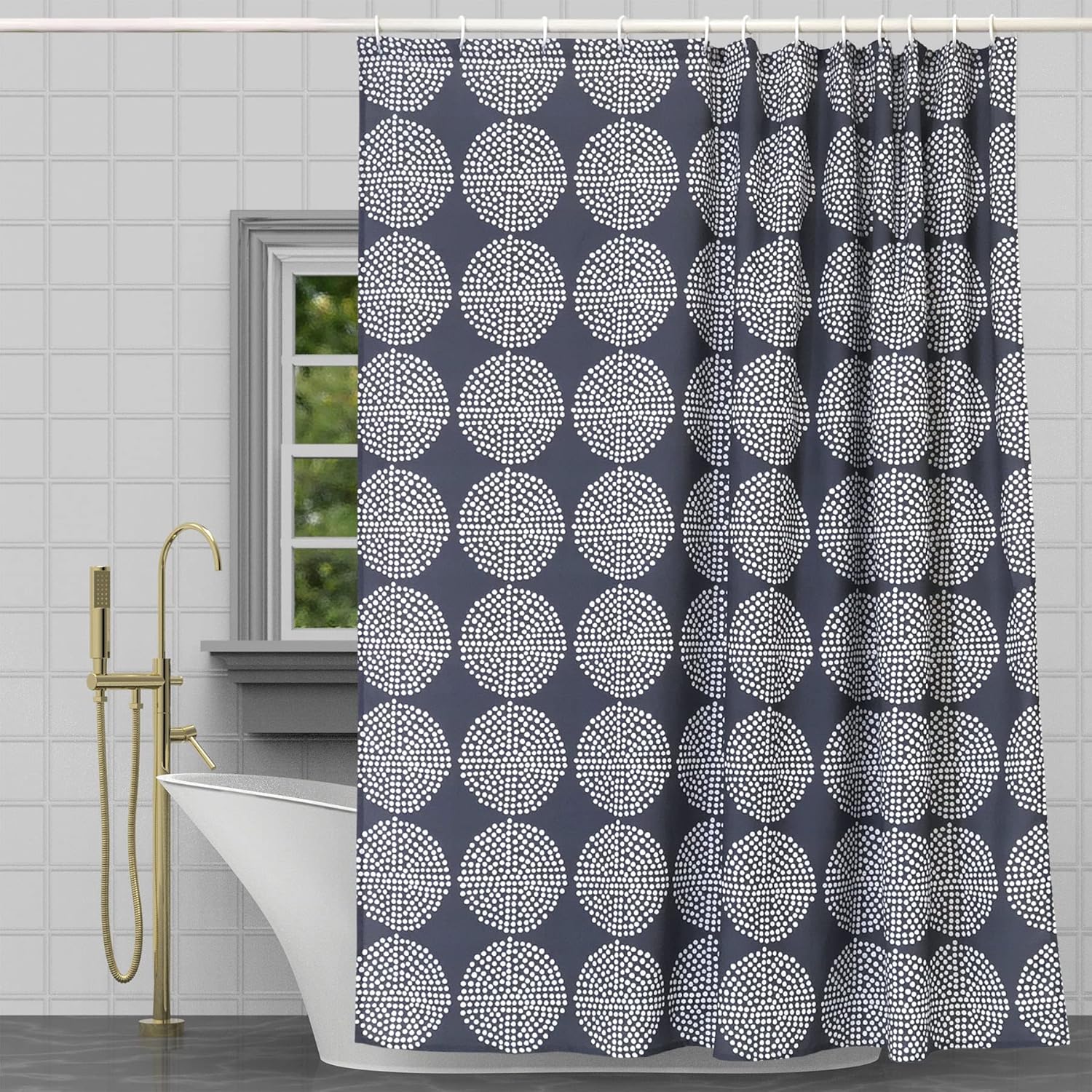 CAIT CHAPMAN HOME COLLECTION Water Repellent Spill Bead Up Fabric Shower Curtain Set 70”x72” with 12 Hooks, 100% Polyester (Gray Polka)