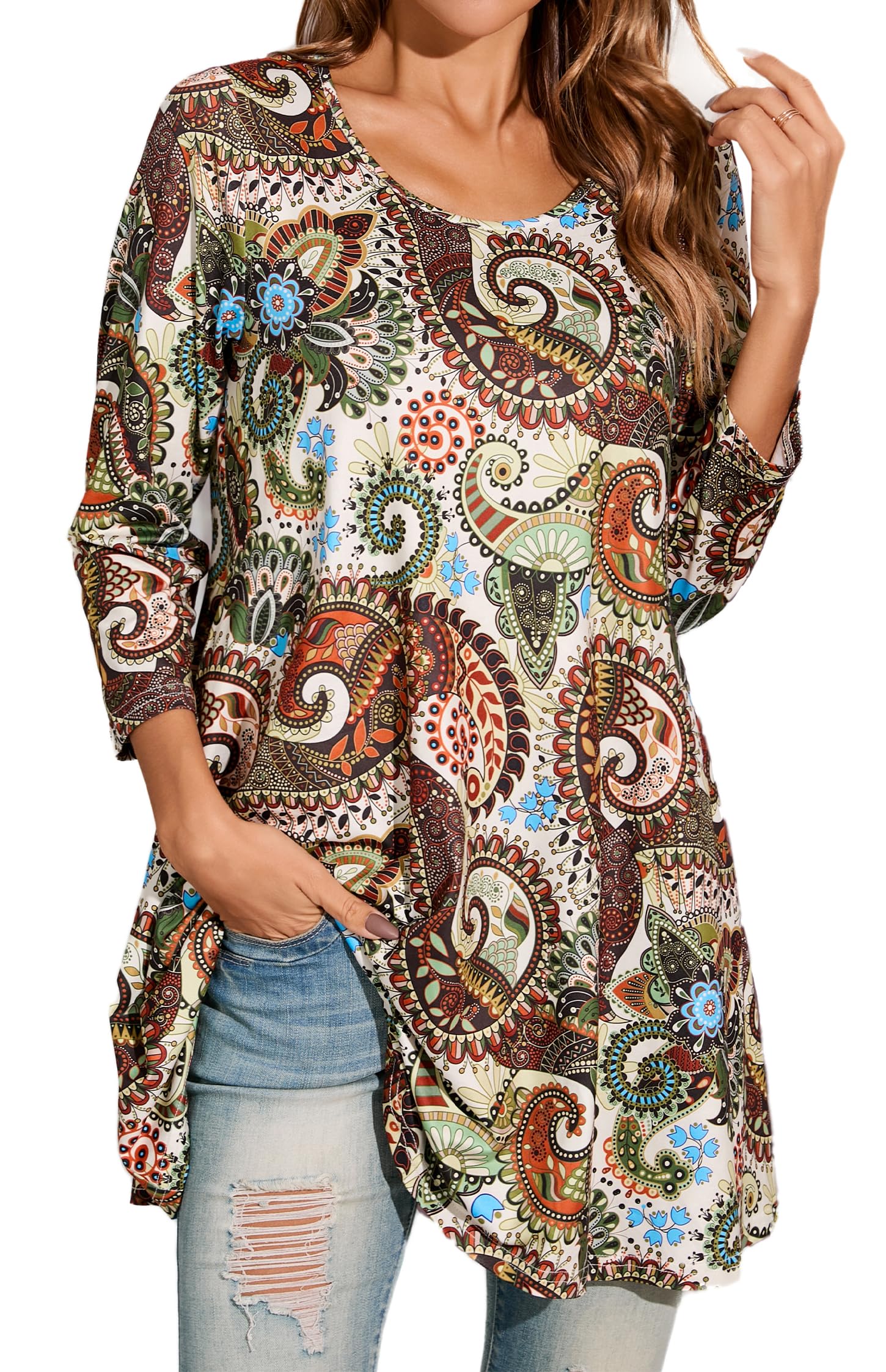 Enmain Femme Tunique à 3/4 Manches Longues Chemise Imprimée à Motifs Floraux Paisley pour Les Femmes Casual élégant Chic T-Shirt Blouses