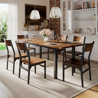 iPormis 7-Piece Extendable Dining Table Set with 6 Chairs, 63" Walnut Kitchen Table for 4-6, Metal Frame, Small Space, Easy Assembly