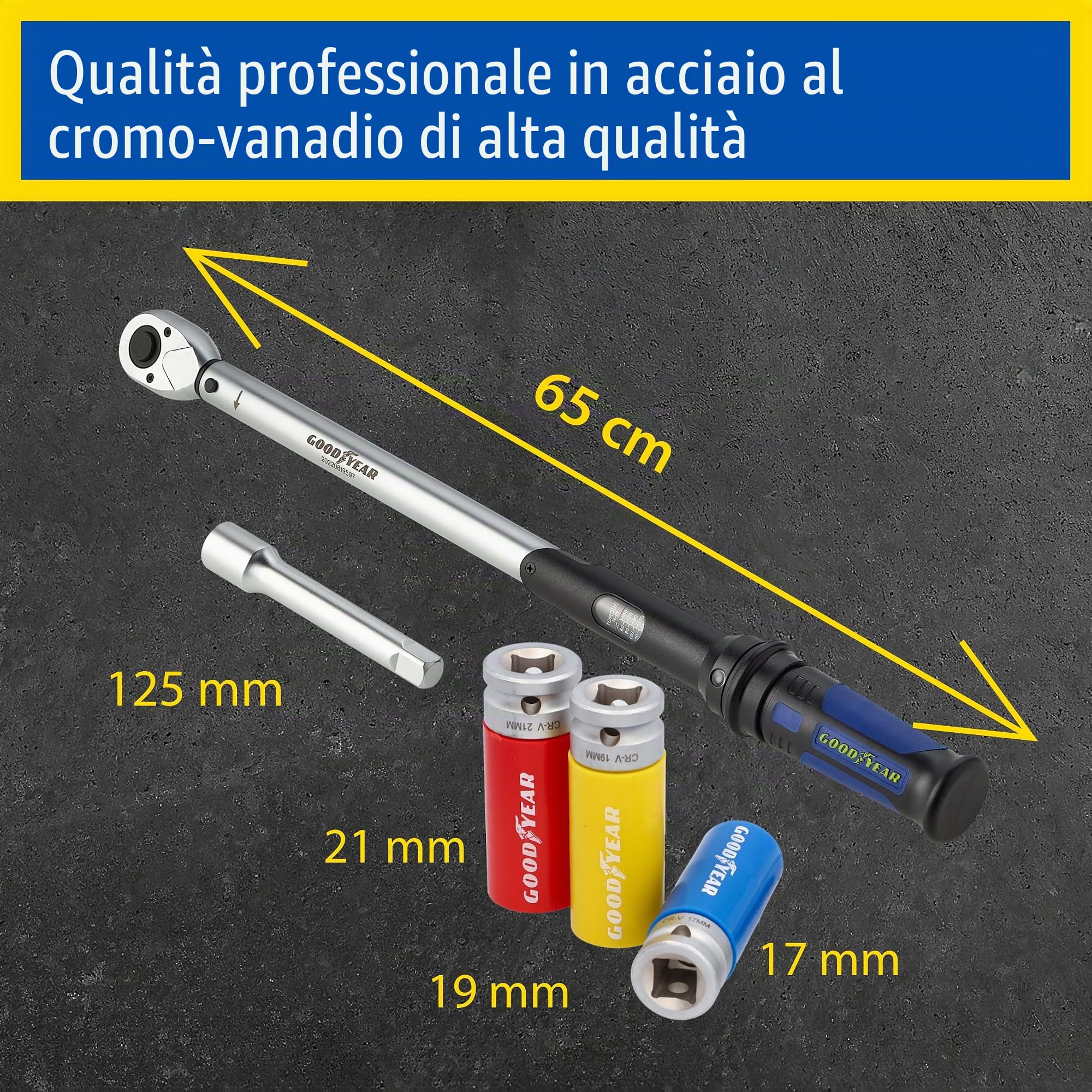 Goodyear Set di 6 chiavi dinamometriche + cricchetto reversibile + set di 3 chiavi a bussola + prolunga, scatola nera