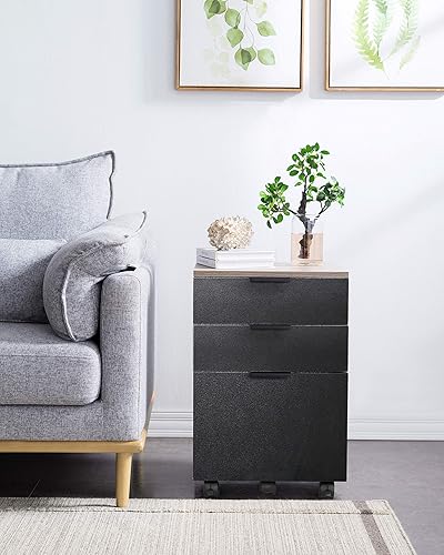 Vista 9 de JJS Archivador de madera con ruedas de bloqueo, 3 cajones con ruedas de bloqueo, gabinete de almacenamiento de madera vertical portátil para oficina