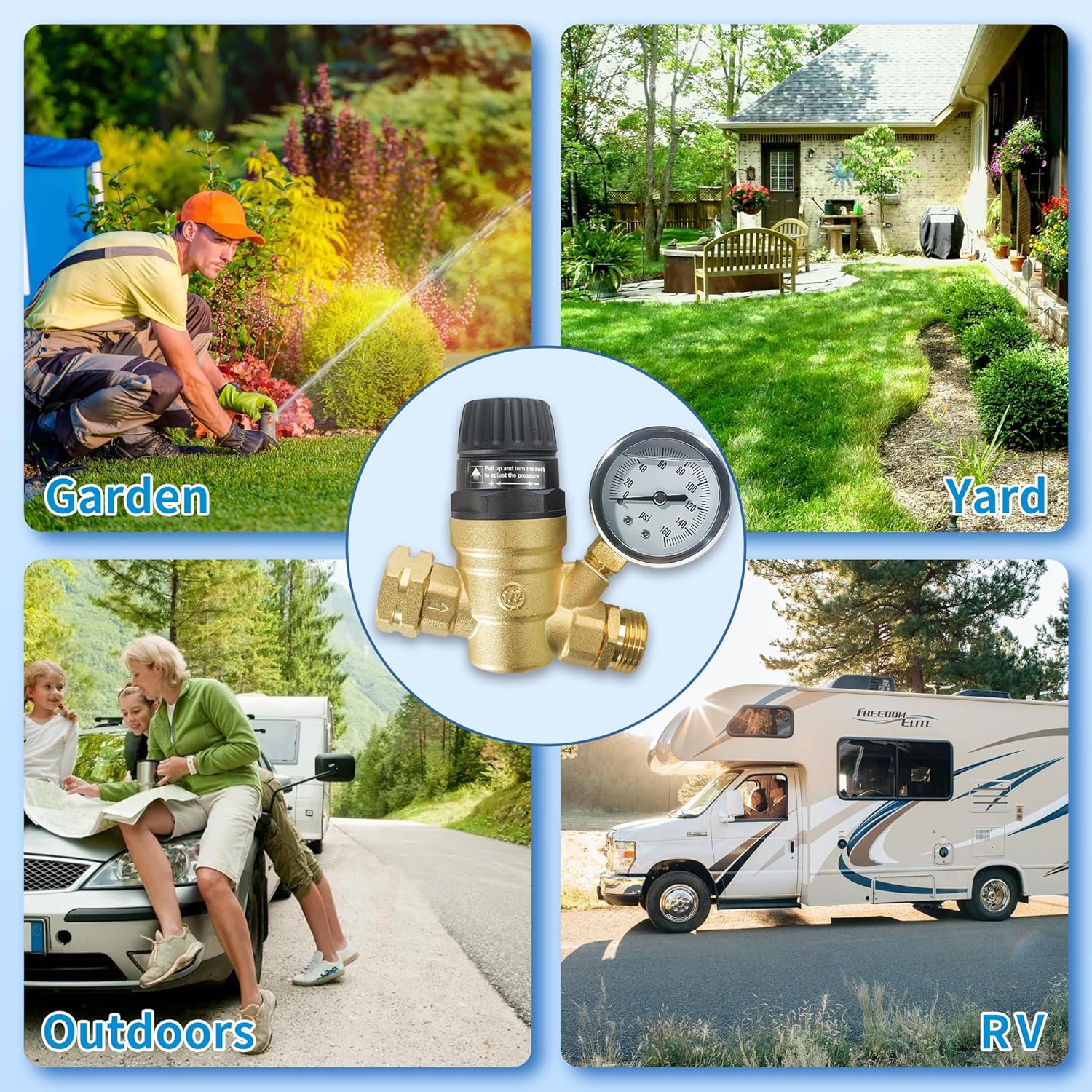 RV Water Pressure Regulator with Adjustable Handle, Lead-Free Brass Water Pressure Regulator for RV Camper with Pressure Gauge and Inlet Screen Filter for Reliable Water Flow