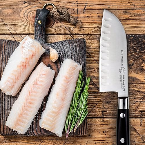 Miniatura 6 de Messermeister Meridian Elite - Cuchillo Kullenschliff Santoku de 5 pulgadas cuchillo de chef japonés hoja de aleación de acero alemán resistente al