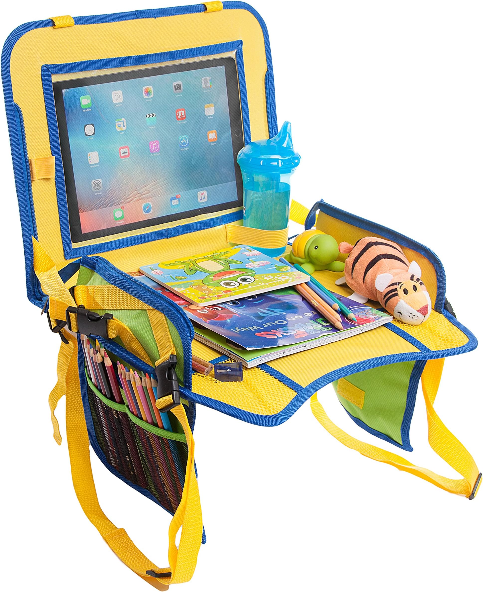 Kids Travel Tray Activity Center with iPad Sleeve - by Gracefully Yaya - Snack, Play and Learn. Pockets for Everything!