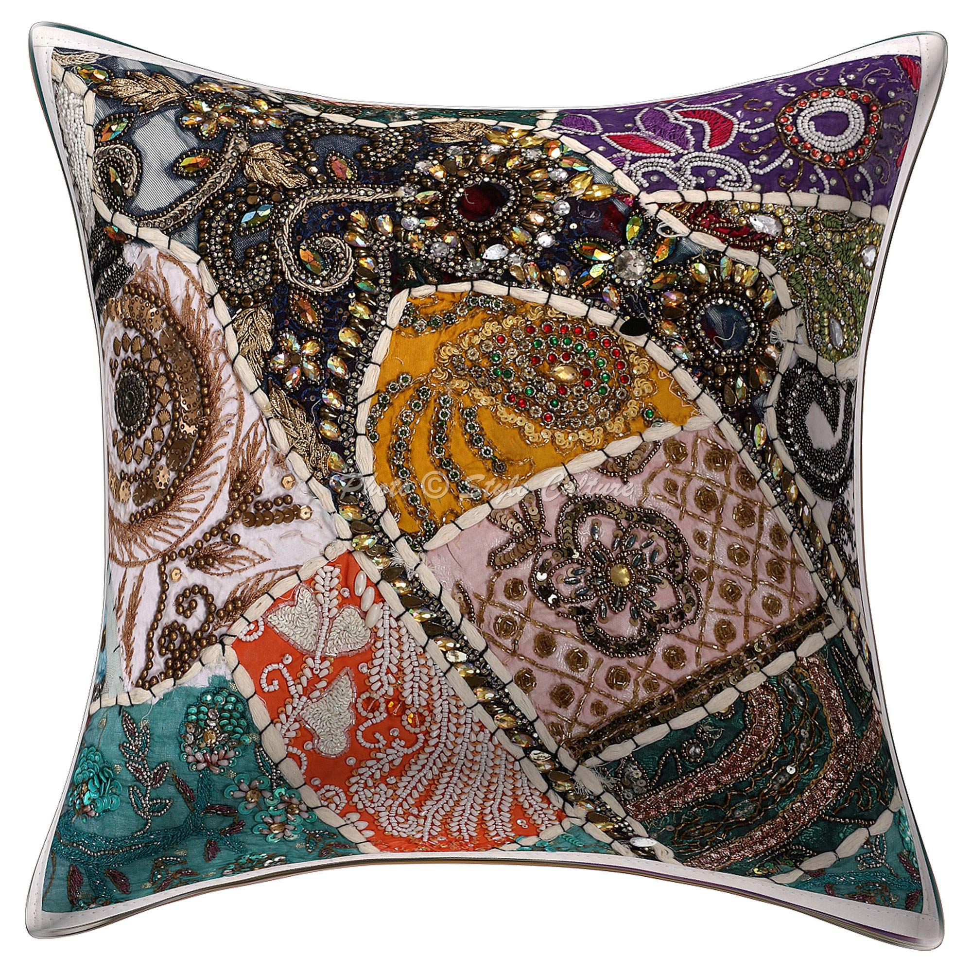 Indio Fundas Almohadones Decorativa 40x40 cm Algodón Bordado Fundas De Cojines Silla Blanco 16x16 Inch Patchwork De Cuentas Cuadrado sobre Fundas para Almohadas De Cama - 4 Pcs