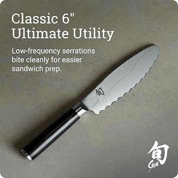 Shun Classic 6 Ultimate Utility Knife, Handcrafted Japanese Knife, VG-MAX Core with Damascus Stainless Steel Cladding, Pakkawood Handle, Precision and Sharpness for Professional and Home Chefs | Handcrafted Japanese Knife, Precision and Sharpness, VG-MAX Core, Damascus Stainless Steel Cladding, Pakkawood Handle
