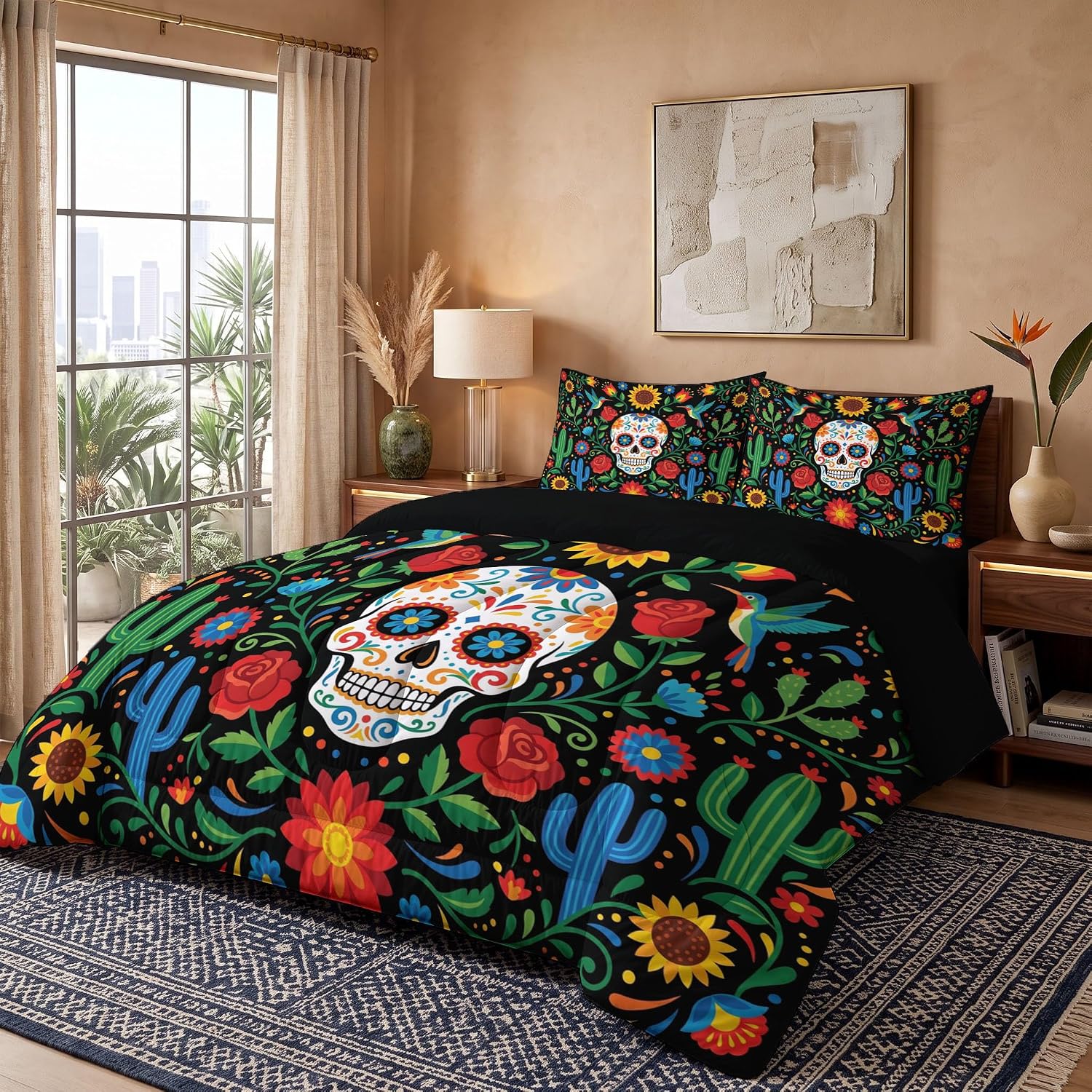 Mexican Undead Style Quilt Twin Size Dark Green Quilt Bedding Set | 3 Pieces Soft Lightweight Microfiber Sugar Skull Cactus Bedspread Coverlet Set for All Season, 68"X90"