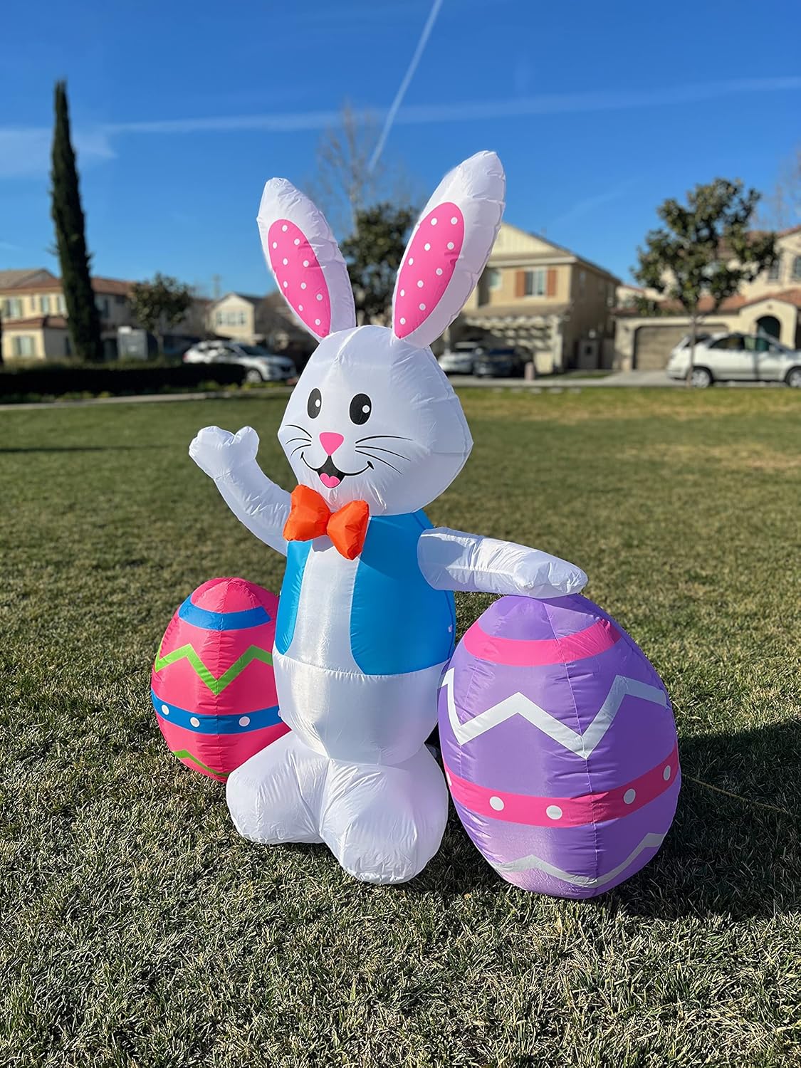 5 Foot Tall Happy Easter Inflatable Bunny Rabbit with Two Eggs Pre-Lit LED Lights Outdoor Indoor Decor Holiday Blow Up Home Lawn Garden Yard Decoration