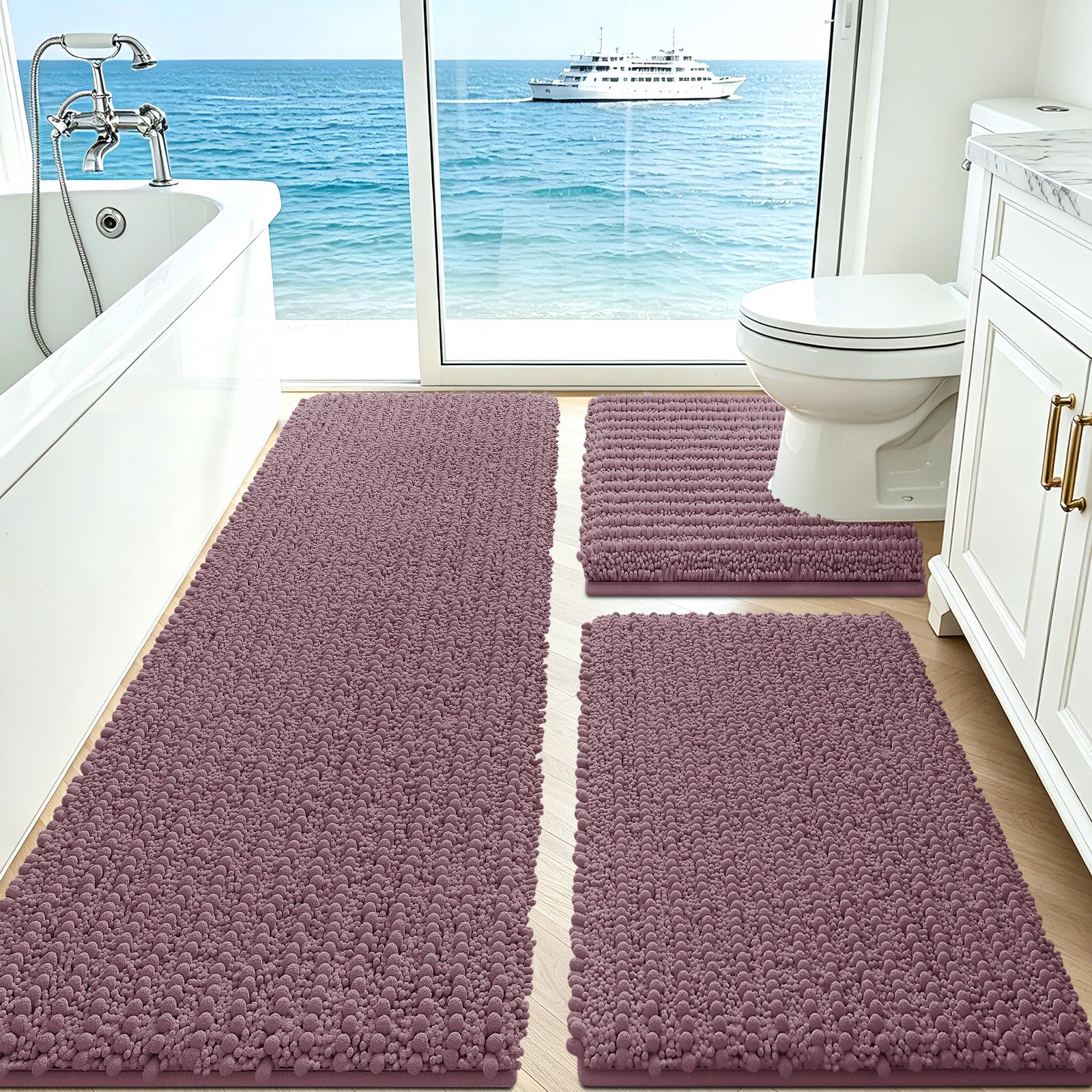ACCUMTEK Set di 3 tappetini da bagno extra large, color malva, ultra morbidi, spessi, assorbenti, antiscivolo, in ciniglia, per bagno, camera da letto, cucina