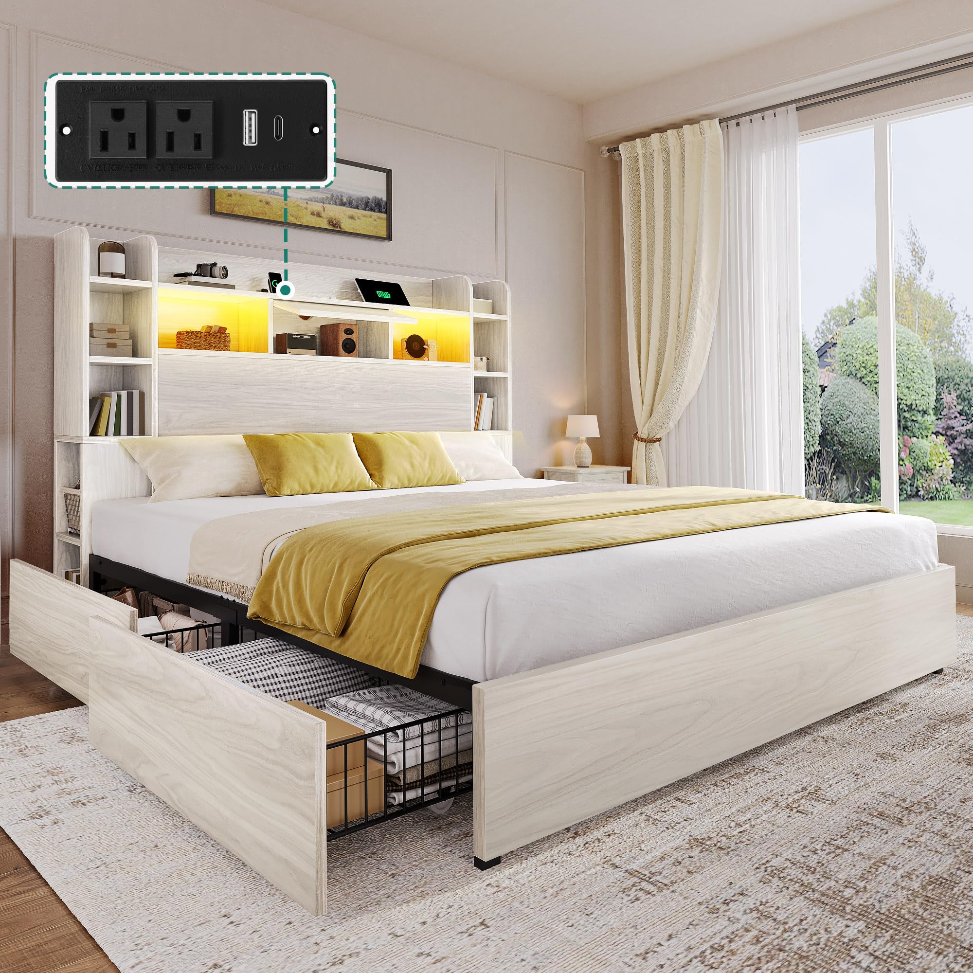 dwvo queen size bed frame with bookcase headboard and 4 storage drawers, rgb led bed frame with type-c & usb charging station storage headboard bed, no box spring needed, noise free, antique white ( incomplete box 1 of 2 only)