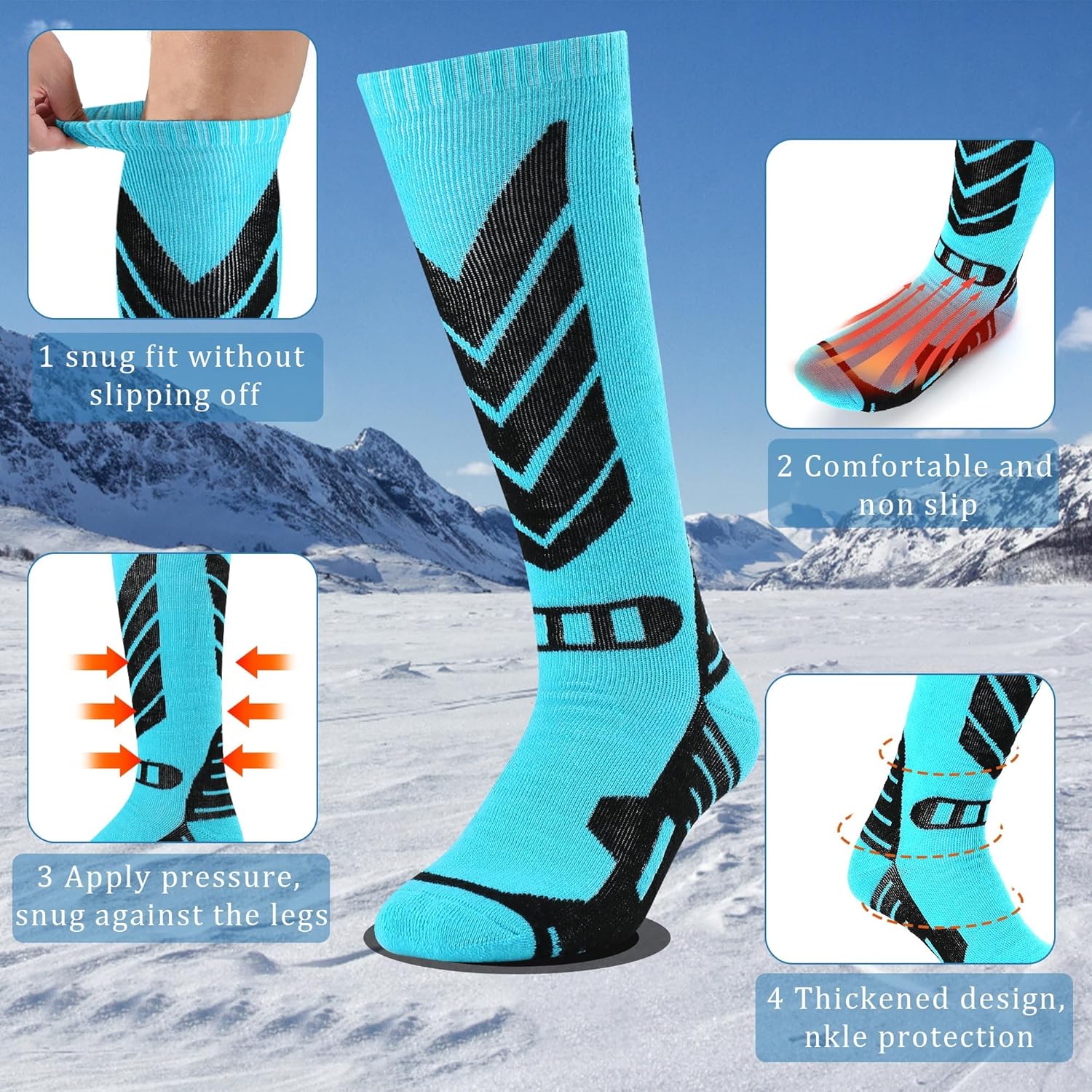 Merino Wool Ski Socks - 2 Pairs Knee High Skiing Socks, Winter Warm Snowboard Thermal Socks - Image 5