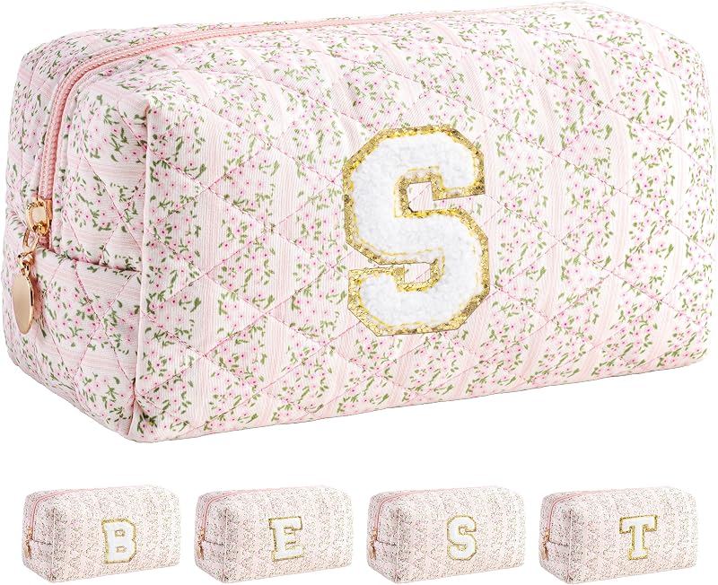 Necessaire de maquiagem HBselect com inicial, estampa floral rosa e fechamento por zíper