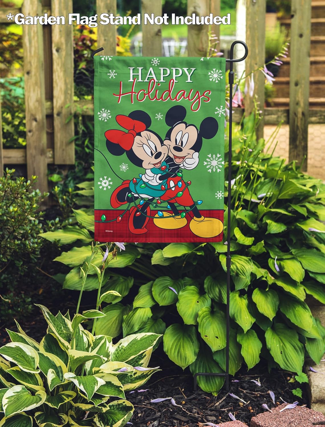 Flagology, Disney Mickey and Minnie Christmas Light Tangle – Garden Flag 12" x 18", Outdoor Flag, Exclusive Premium Fabric, Officially Licensed Disney, Christmas