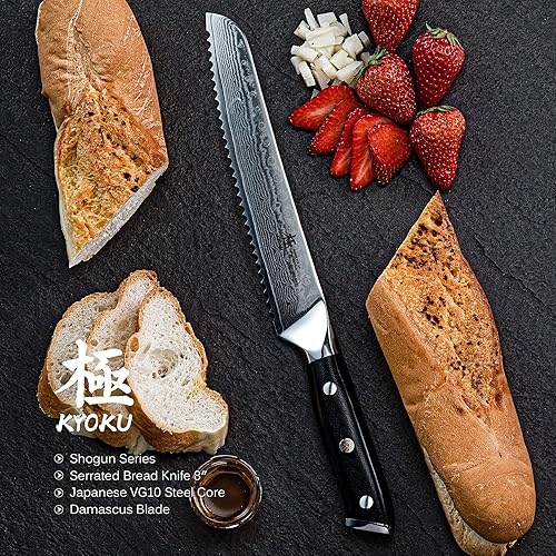 Miniatura 3 de KYOKU Cuchillo Nakiri de 7 pulgadas + cuchillo de pan dentado de 8 pulgadas - Serie Shogun - Hoja de Damasco forjada con núcleo de acero japonés VG10