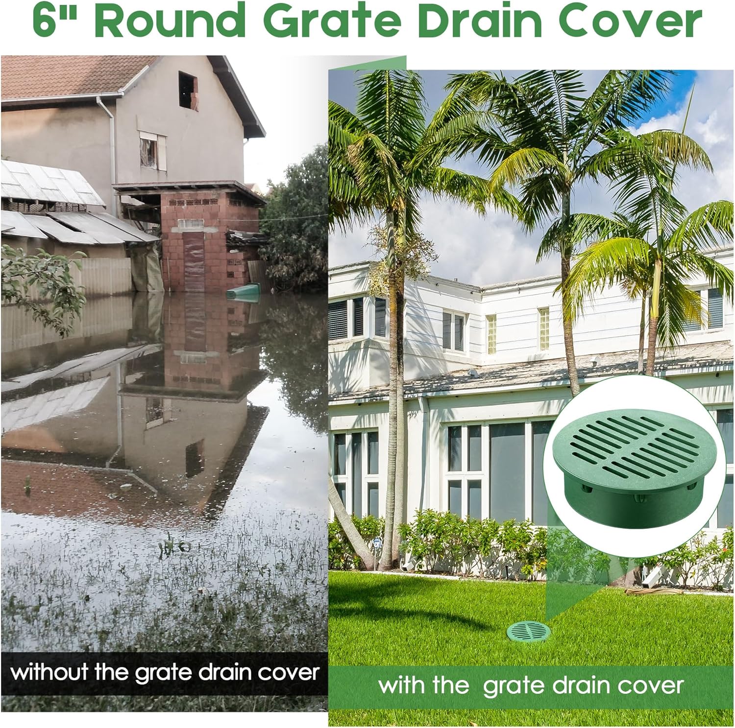Meonum 2 Pcs 6" Round Grate Drain Cover, Outdoor Round Flat Grate Cover Fits 6" Drain & Sewer, for Triple Wall Pipe, Corrugated Landscape Pipe, Small Lawns