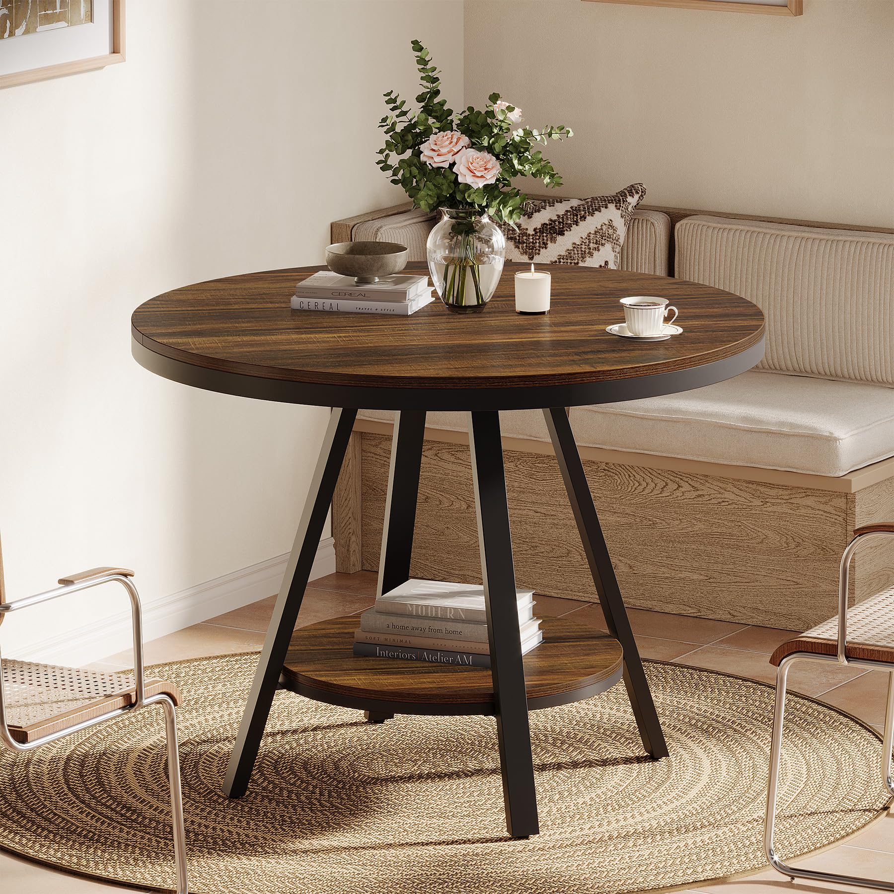 Tribesigns Mesa de Comedor Industrial Redonda de Dos Niveles, Mesa de Comedor pequeña para Cocina para 2-4 Personas, Mueble de Cocina de Madera de 90 cm con Patas metálicas Resistentes, marrón