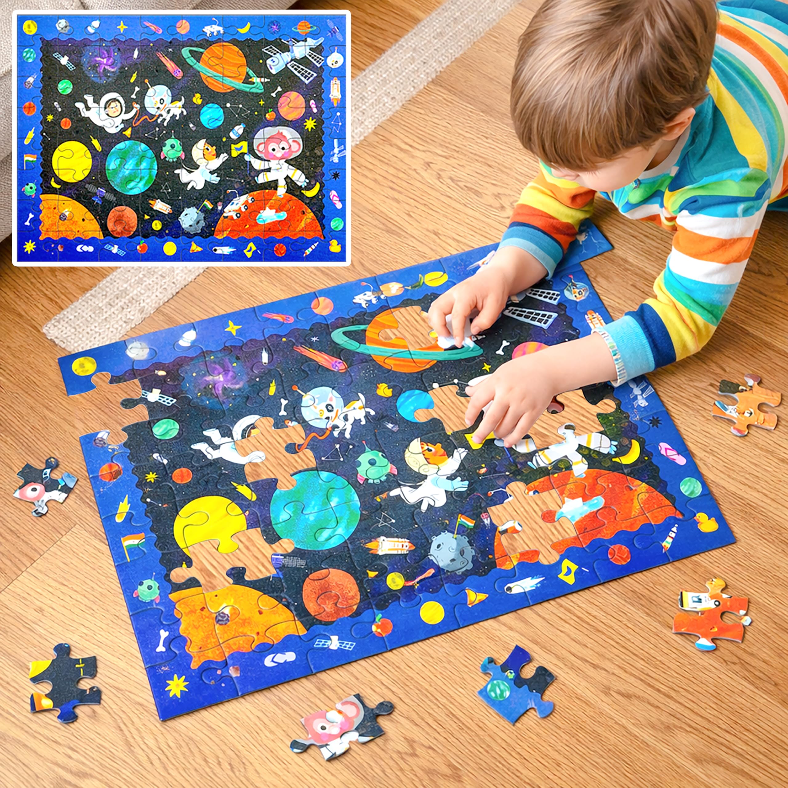 VGRASSP 70 Pcs Space Solar System Theme Interlocking Puzzle Toy for Kids - Educational Search, Find and Connect Jigsaw Brain Booster Learning Activity Gift - Color As Per Stock-image-44