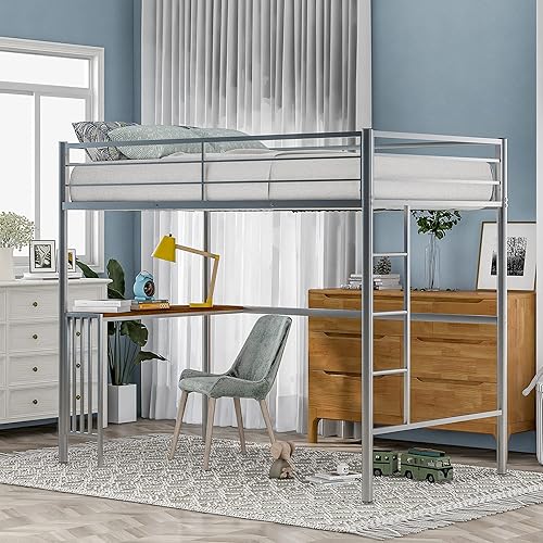 Cama tipo loft individual con escritorio, loft de metal para niños, marco de litera de metal con escalera, no necesita somier (plateado)