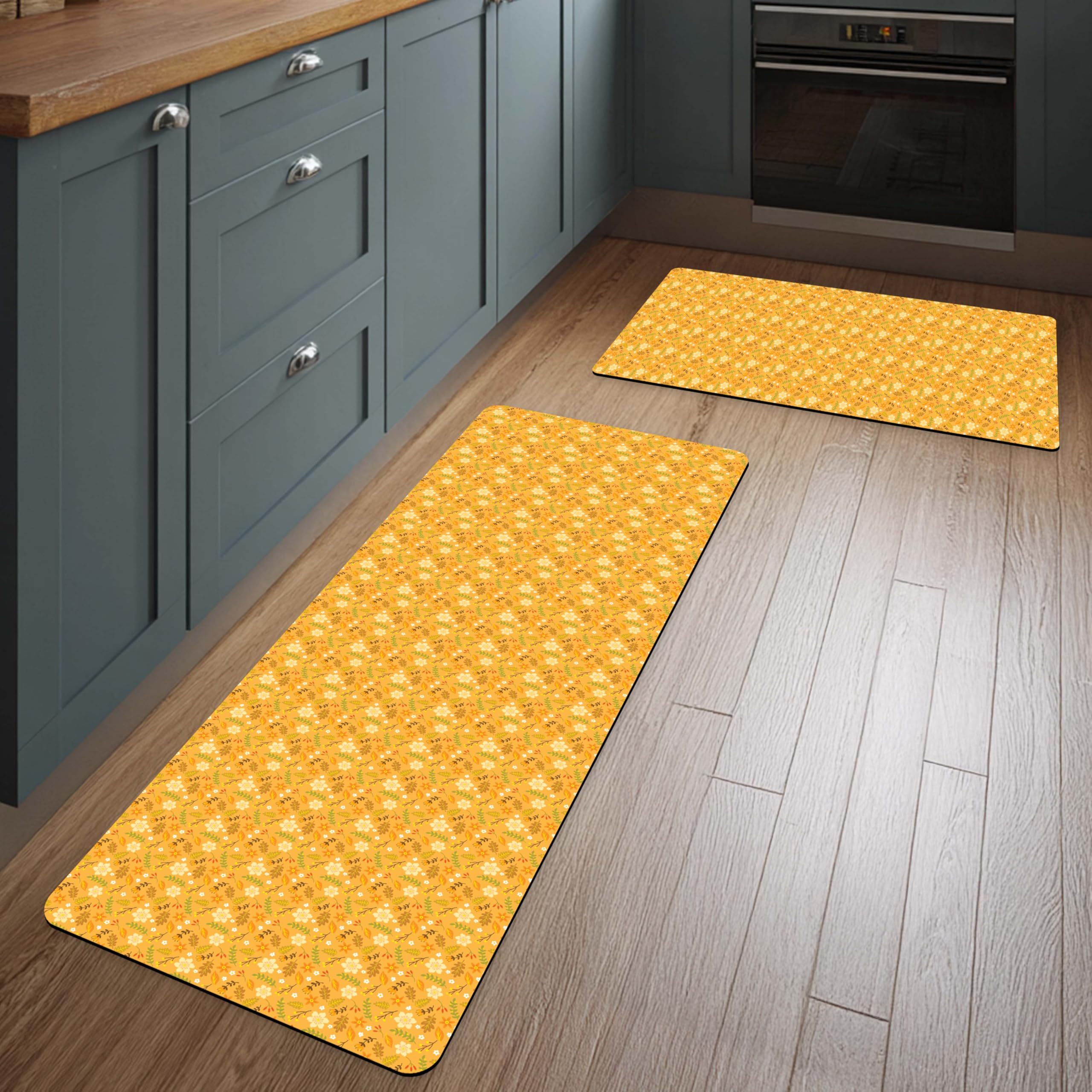 Set Of 2 Floor Mat – 120×40 cm Runner + 60×40 cm Mat | Quick Dry Anti Slip Diatomite Kitchen Mat | Soft Rubber Backing Washable Kitchen Sink Doormat | 3 mm Thin (Sunshine Yellow Floral Pattern)-image-35