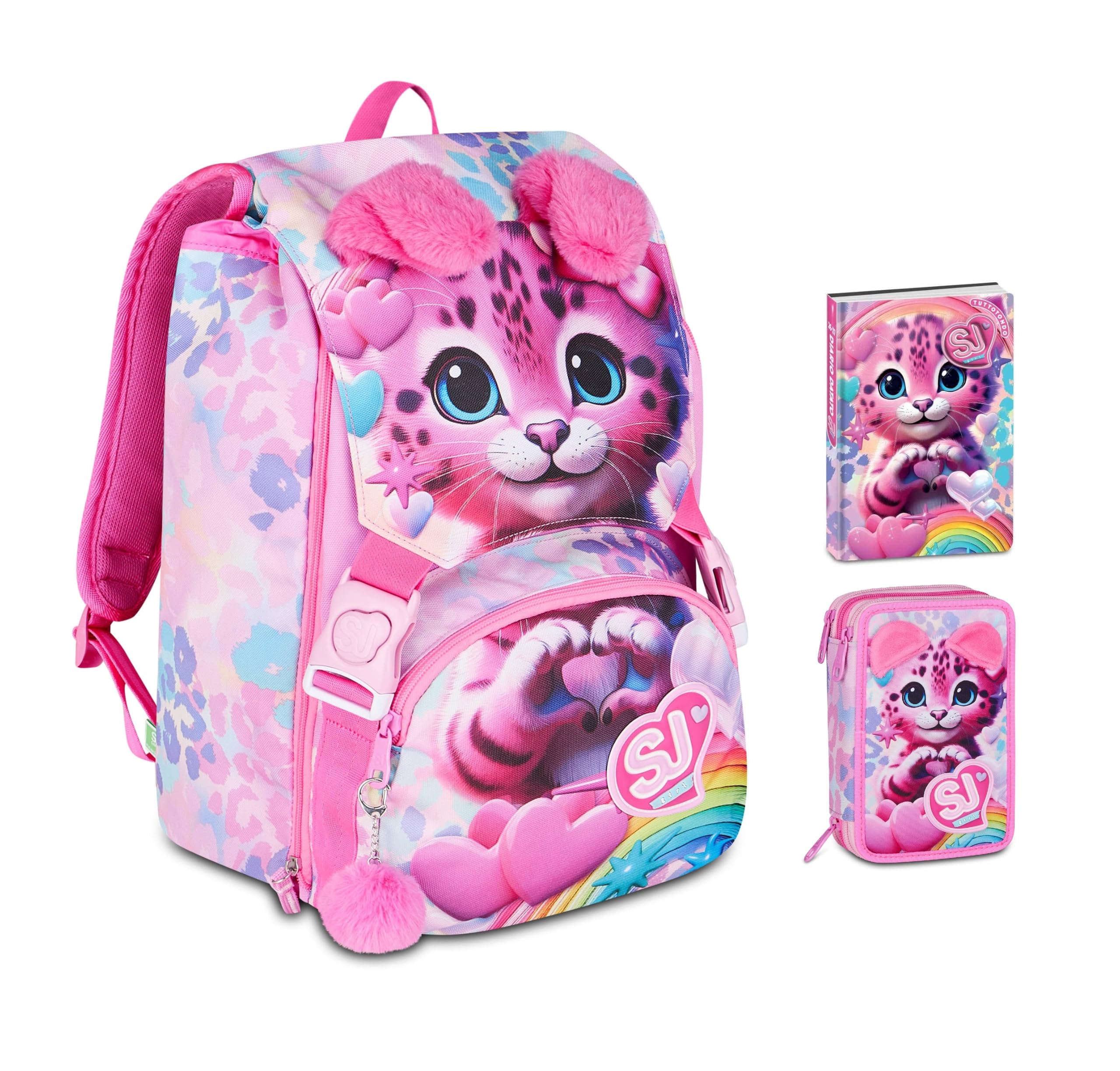 Zaino Scuola Sj Girl Cat & Air Gattino Tigrotto estensibile By Seven per elementare Bambina + Astuccio 3 piani + Diario 2026/2027 + 7 penne a scatto e portachiave pailettes