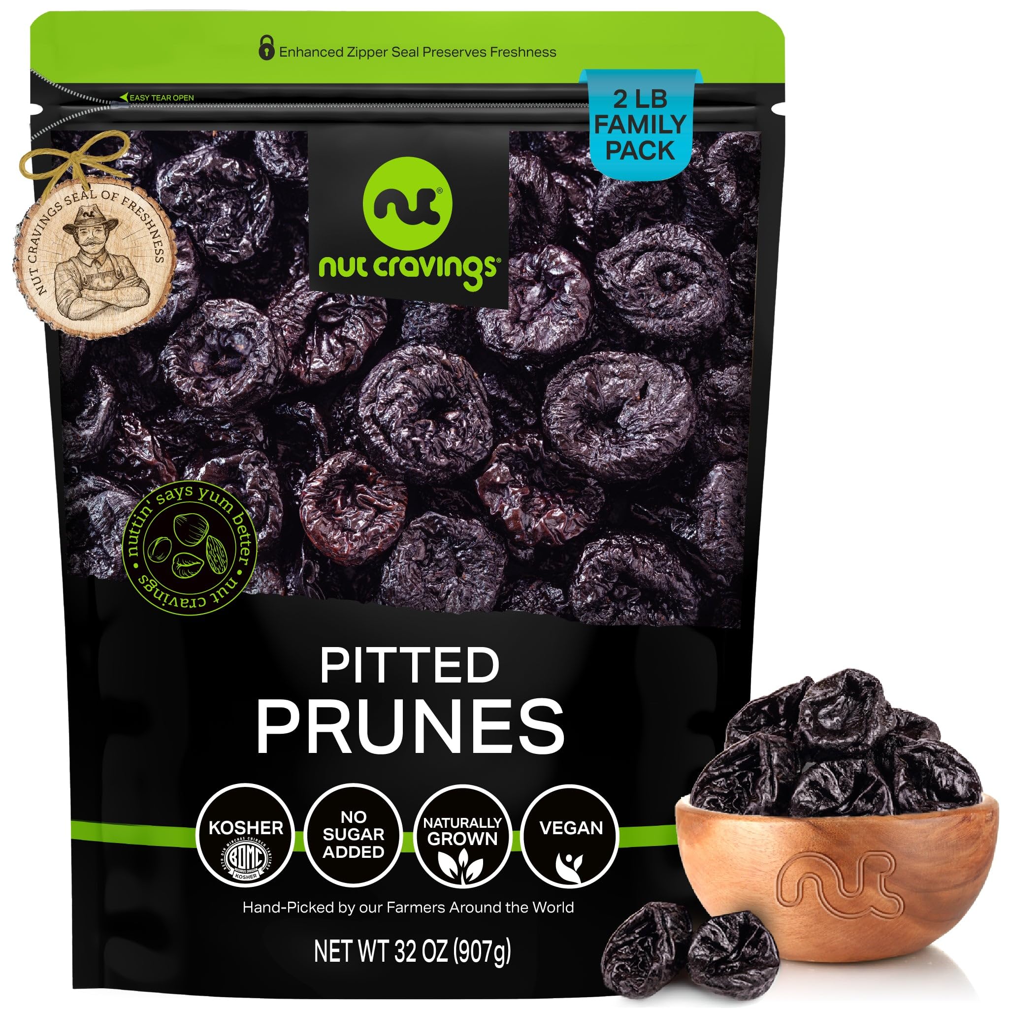 NUT CRAVINGS - Dried Prunes Pitted Unsweetened, Dry Plums No Sugar Added (32oz, 2 LB) Bulk Dry Fruits Packed Fresh in Resealable Bag - Sweet Healthy Snack, Naturally Grown, Vegan, Kosher