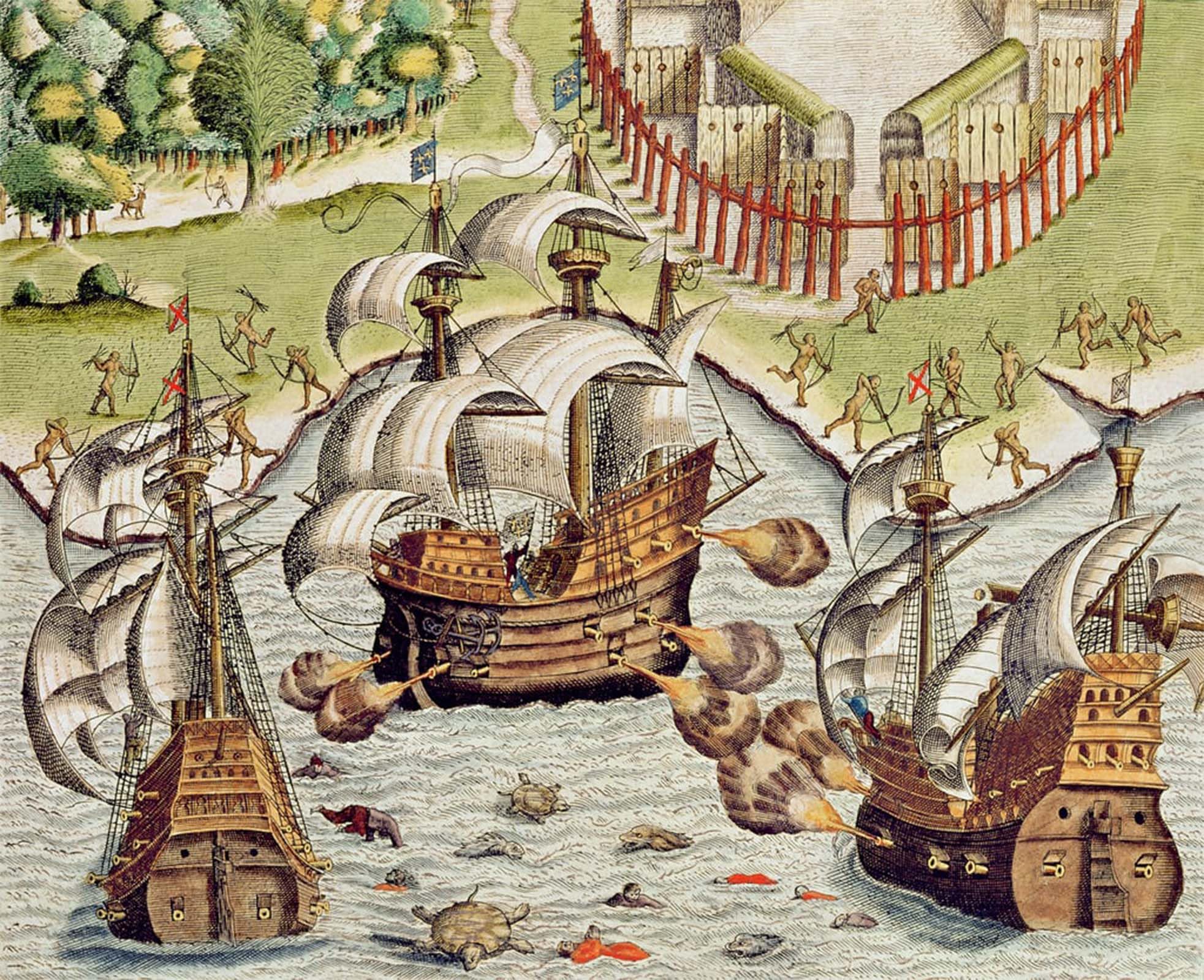 ARTXLXXBN Famous Print Painting Colorful Art Print Naval Battle Between the Portuguese by Theodore De Bry Canvas Art Decorations for Home Decor 60x90cm