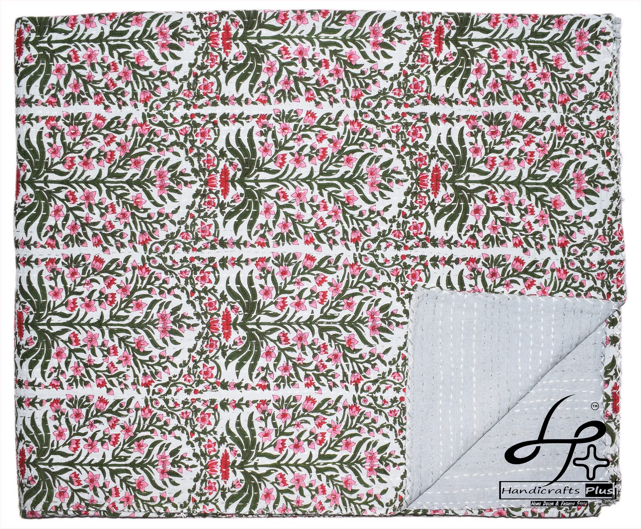 Handicrafts Plus King Size Kantha Quilt Beautiful White Color Bedding Bedspread New Indian Cotton Gudari Handmade Coverlet 90x108''