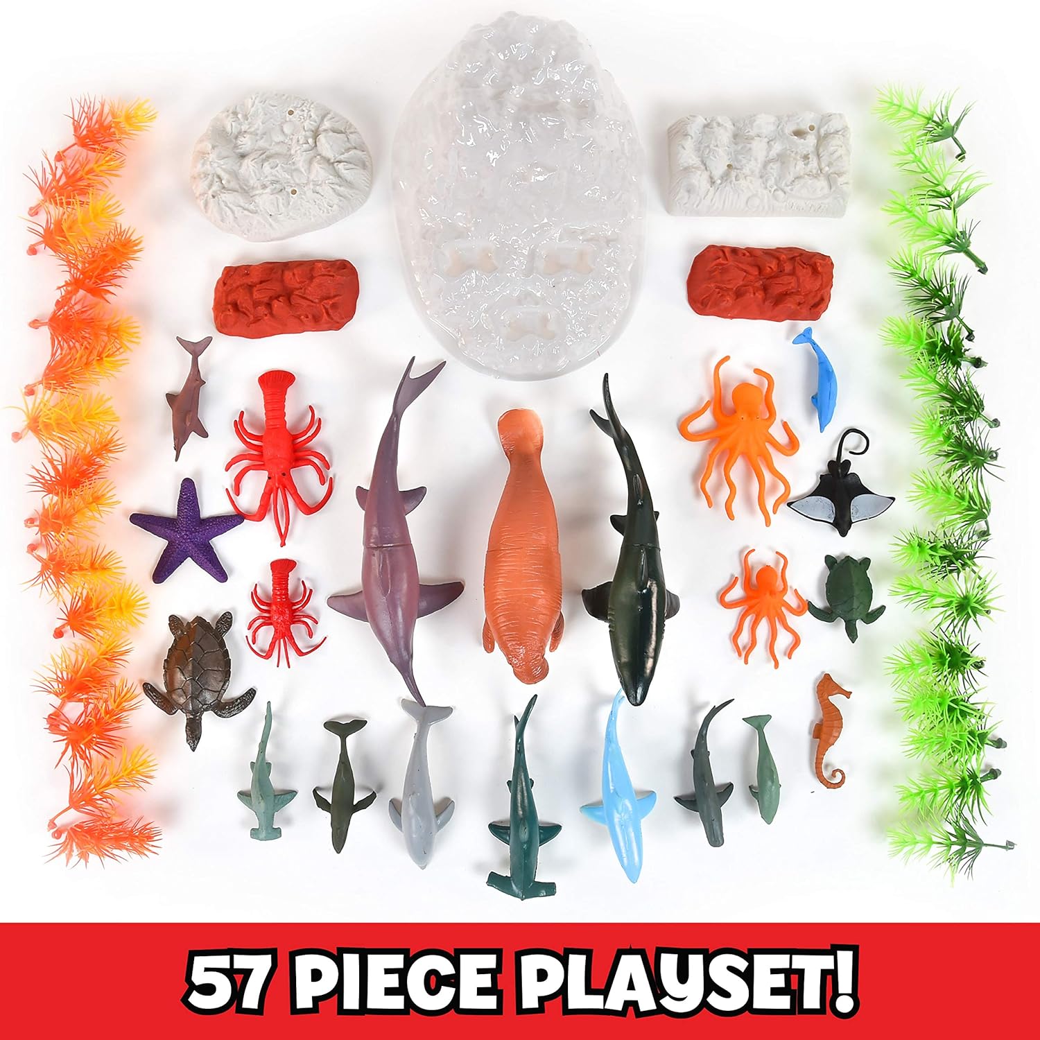 Sunny Days Entertainment Sea Creature Bucket – 56 Piece Toy Play Set for Kids | Aquatic Animals Plastic Figures Playset with Storage Bucket